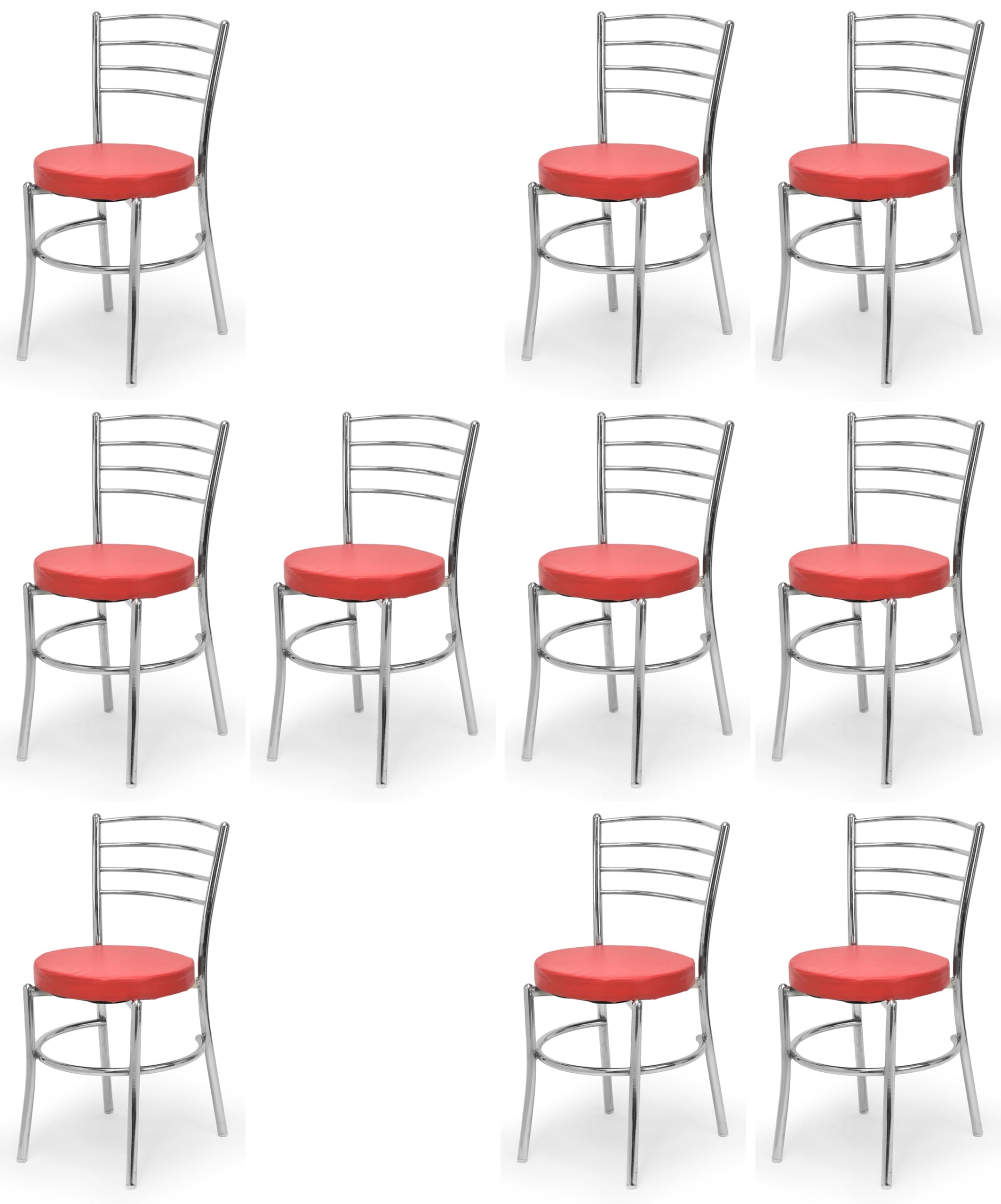 Goyalson Dining Ergonomic Dining Home Chair Hotel Restaurant Chair With Steel Chrome Polish And Leatherite Seat (10, Red, Standa