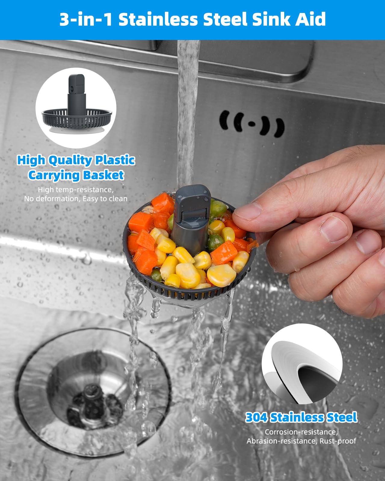 Hibbent 2 Pack 3 In 1 Kitchen Sink Drain Strainer And Stopper Combo, Stainless Steel Metal Pop Up Sink Stopper With Foldable Han