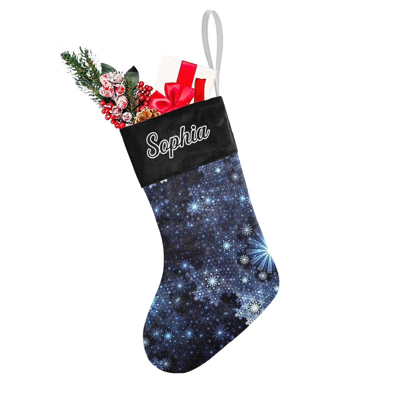 Wintery Blue Snowflake Christmas Stocking with Name Custom Xmas Stockings for Family Wedding Party Decor 17.52 x 7.87 Inch