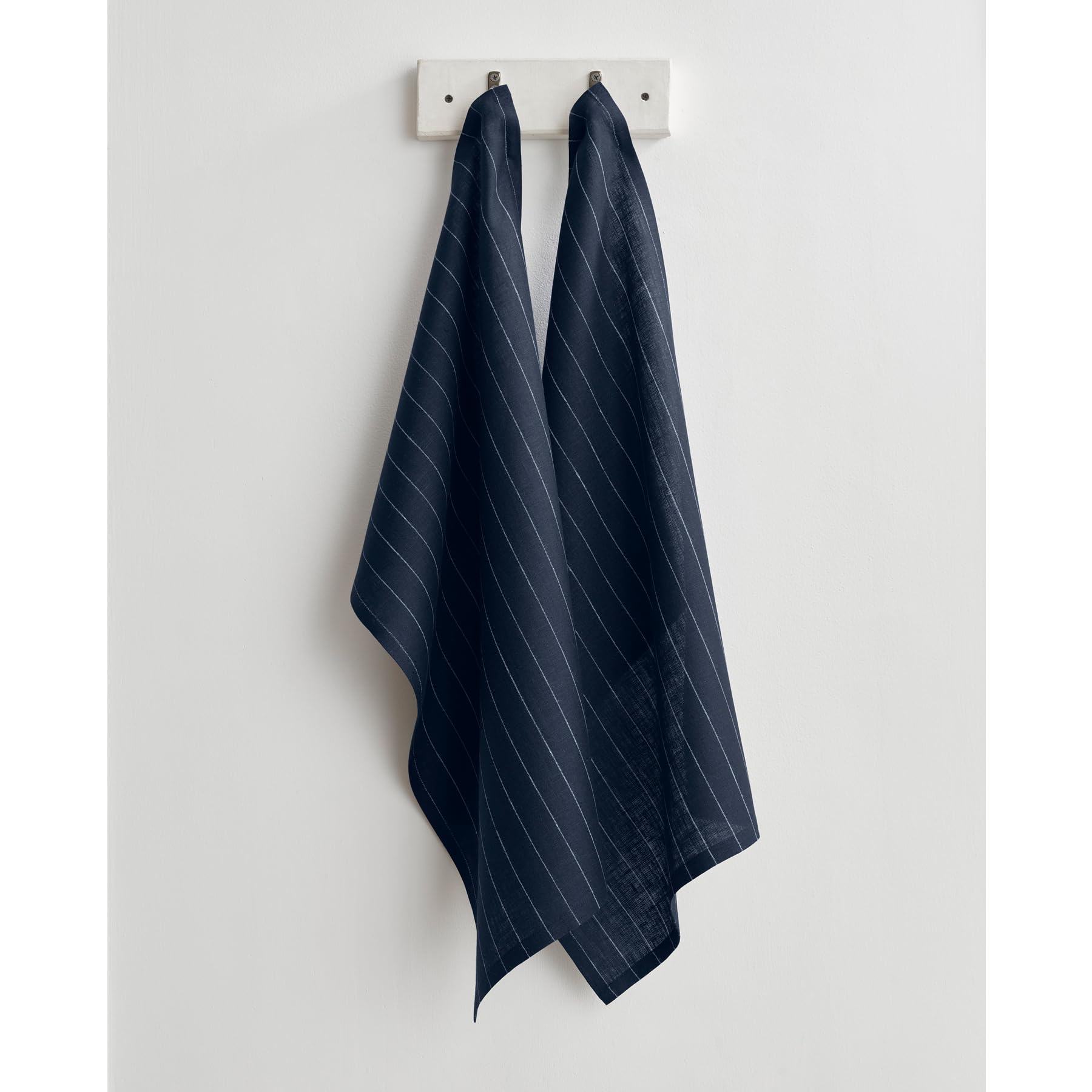 Solino Home Linen Kitchen Towels Set Of 2 - Navy And White 17 X 26 Inch - 100% Pure Linen Pinstripe Kitchen/Tea Towels - Machine
