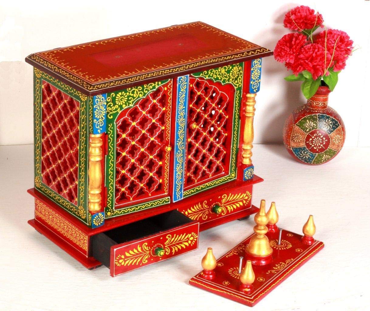 Home and Bazaar Rajasthani Ethnic Handcrafted Wooden Temple/Mandir/Pooja Ghar/Mandapam (Multicolor12)