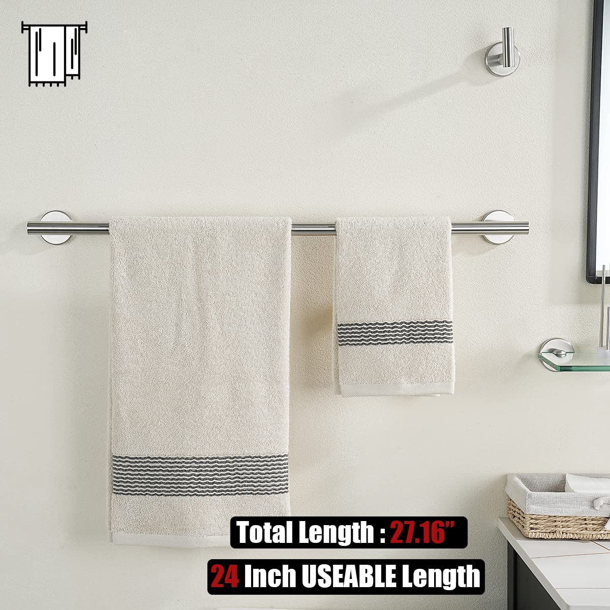 JQK Bath Towel Bar  24 Inch 304 Stainless Steel Thicken 0.8mm Towel Rack Bathroom  Towel Holder Brushed Finished Wall Mount  Total Length 27 Inch  TB110L24-BN