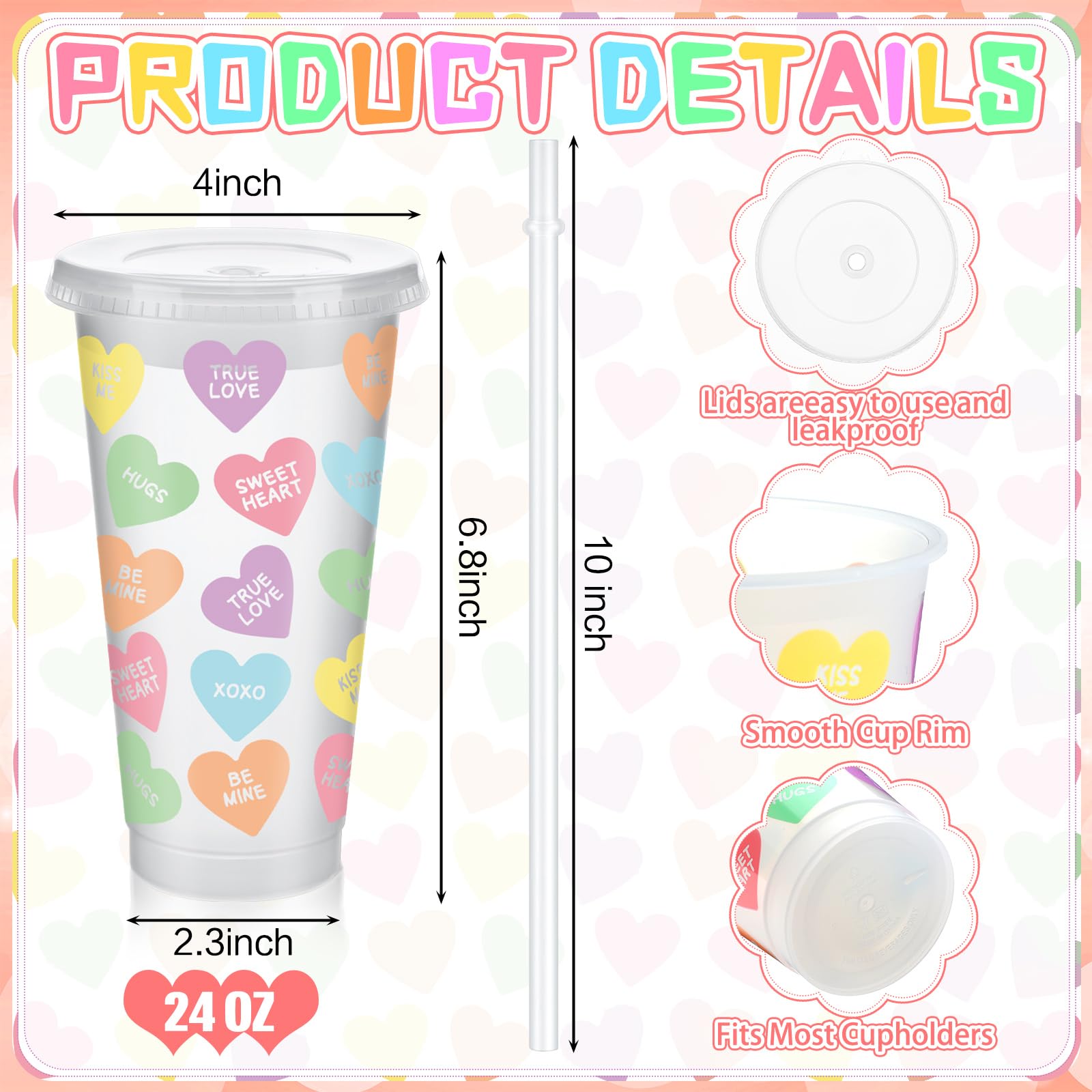 Silifine 12 Pcs 24 Oz Valentine'S Day Conversation Heart Plastic Cups With Lid And Straw Clear Candy Heart Shape Plastic Cup Bul