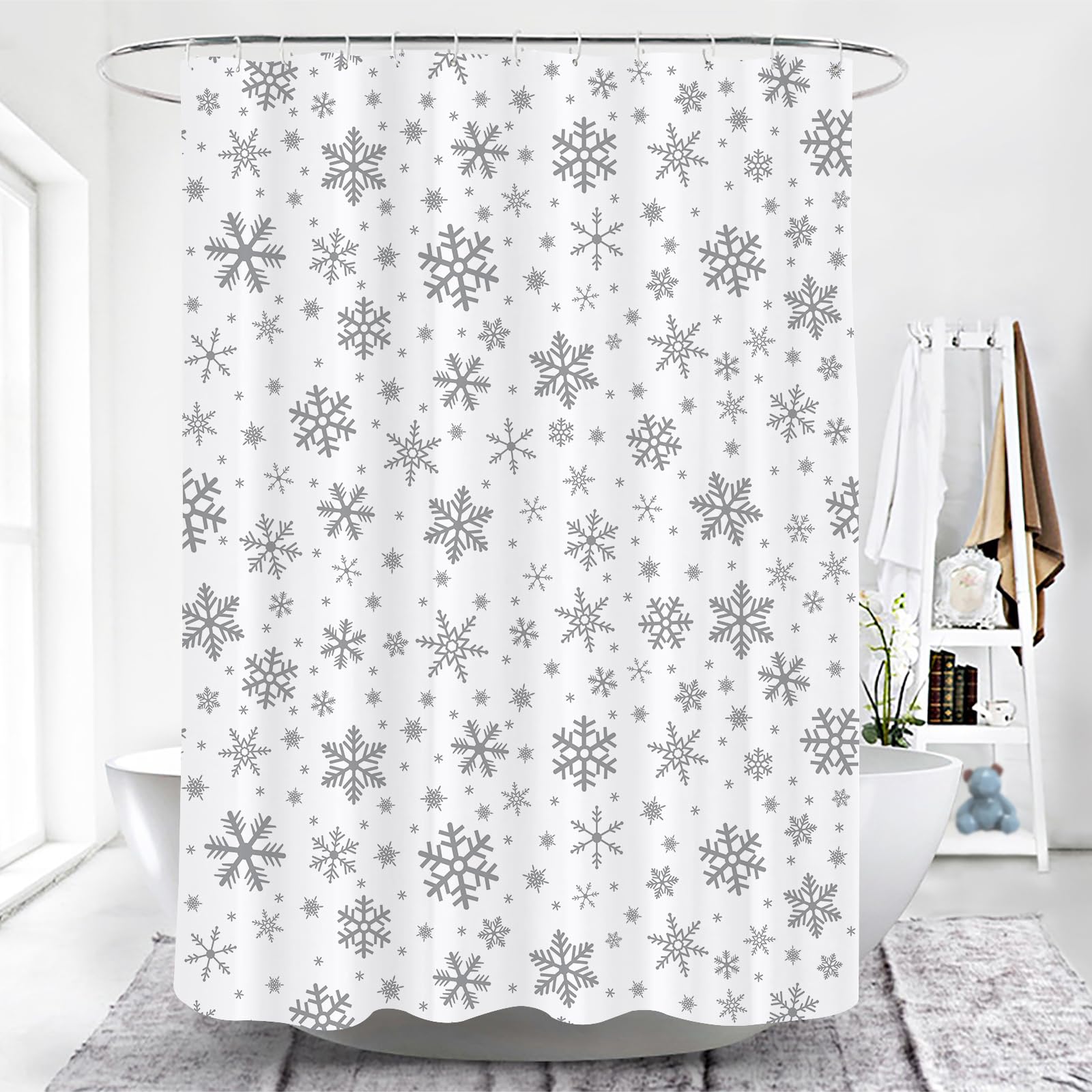 Spxubz Grey Snowflake Shower Curtain Christmas Winter Holiday Shower Curtains White Waterproof Bathroom Decor Polyester Fabric C