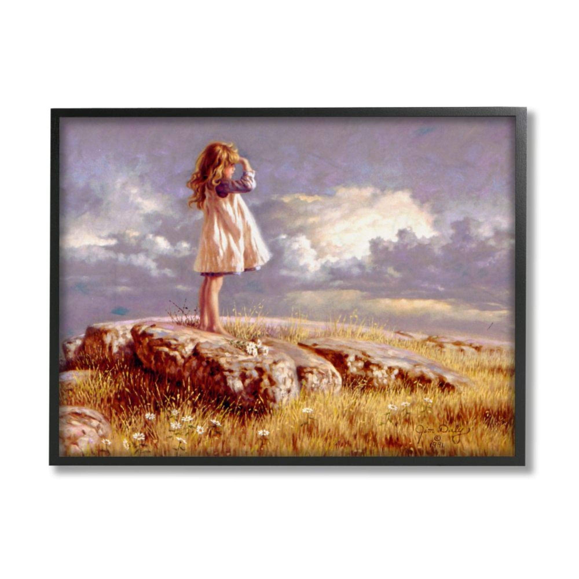 Stupell Industries Girl Gazing On Meadow Rock Sunset Clouds Jim Daly Black Framed Wall Art, 11 X 14