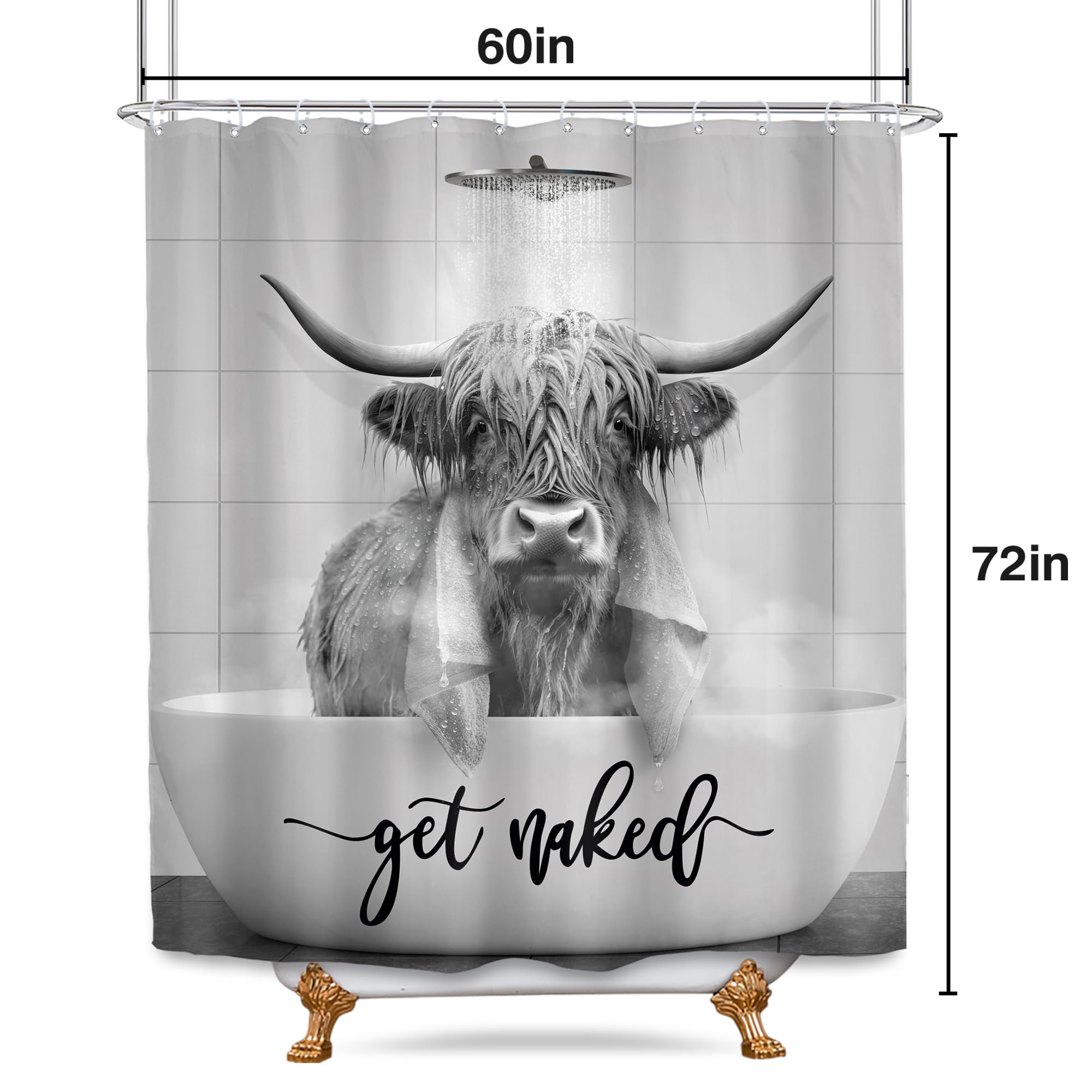 Svbright Farmhouse Highland Cow Shower Curtain 60Wx72L Inch Rustic Western Bull Gray Cattle Vintage Rustic Animal Wildlife For M