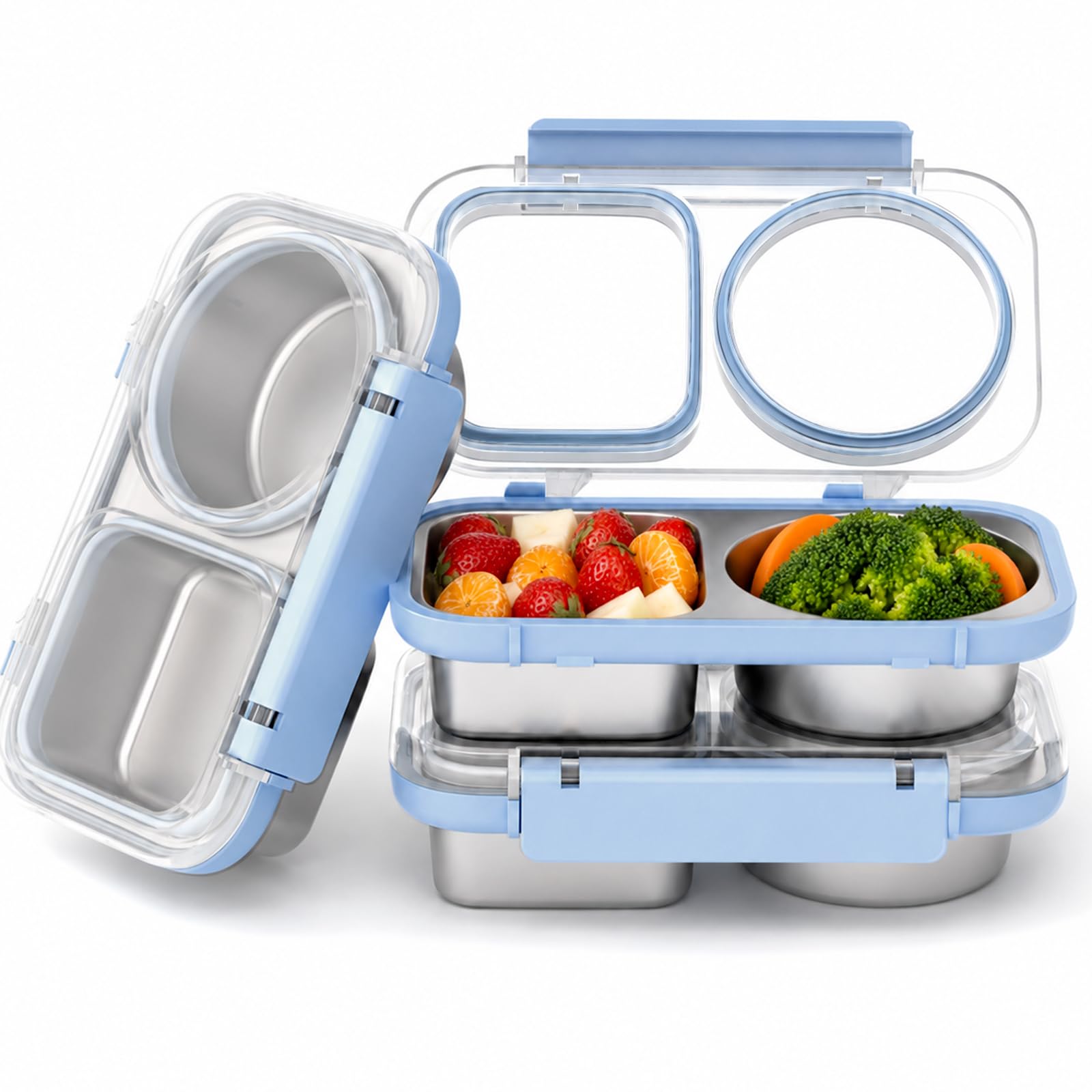 Bakpoco 3 Pack Stainless Steel Snack Containers, 2 Compartment Metal Snack Containers With Lids, Compact LeakProof Lunch Food S
