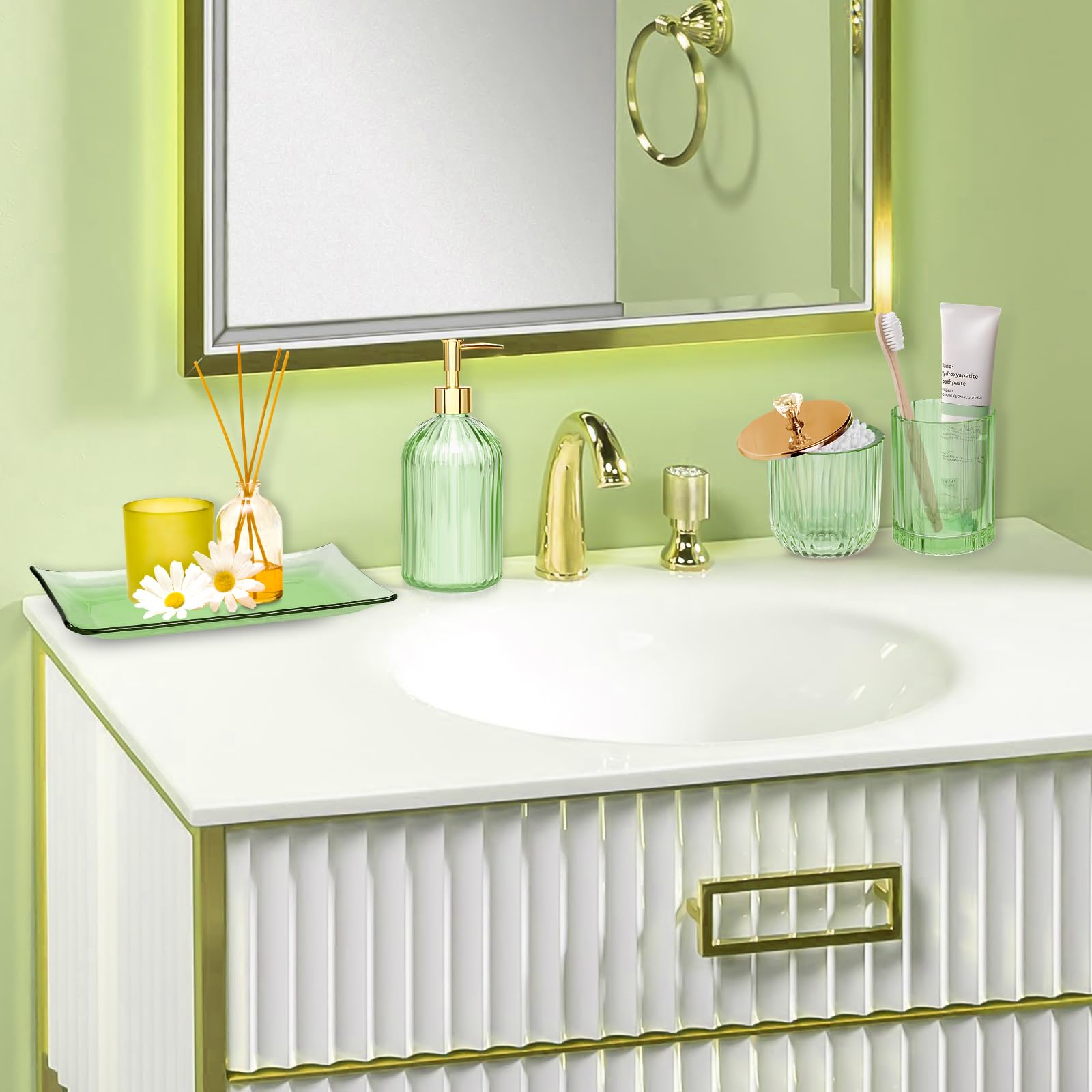 Glass Bathroom Accessories Set, 4 Pieces, Lotion Dispenser, Soap Dispenser, Toothbrush Holder, Cotton Swab Jar, Vanity Tray, Gre