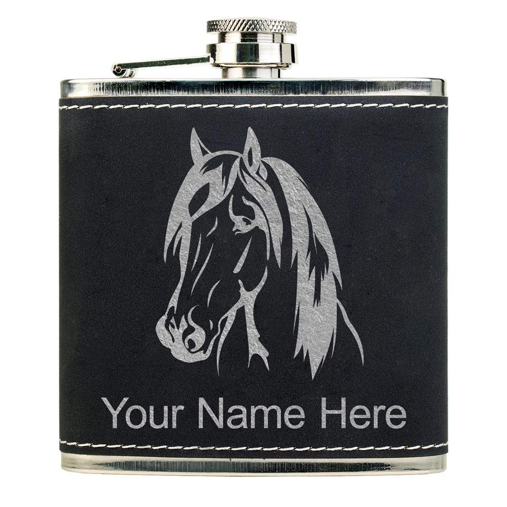 LaserGram Faux Leather Flask, Horse Head 1, Personalized Engraving Included (Black With Silver)