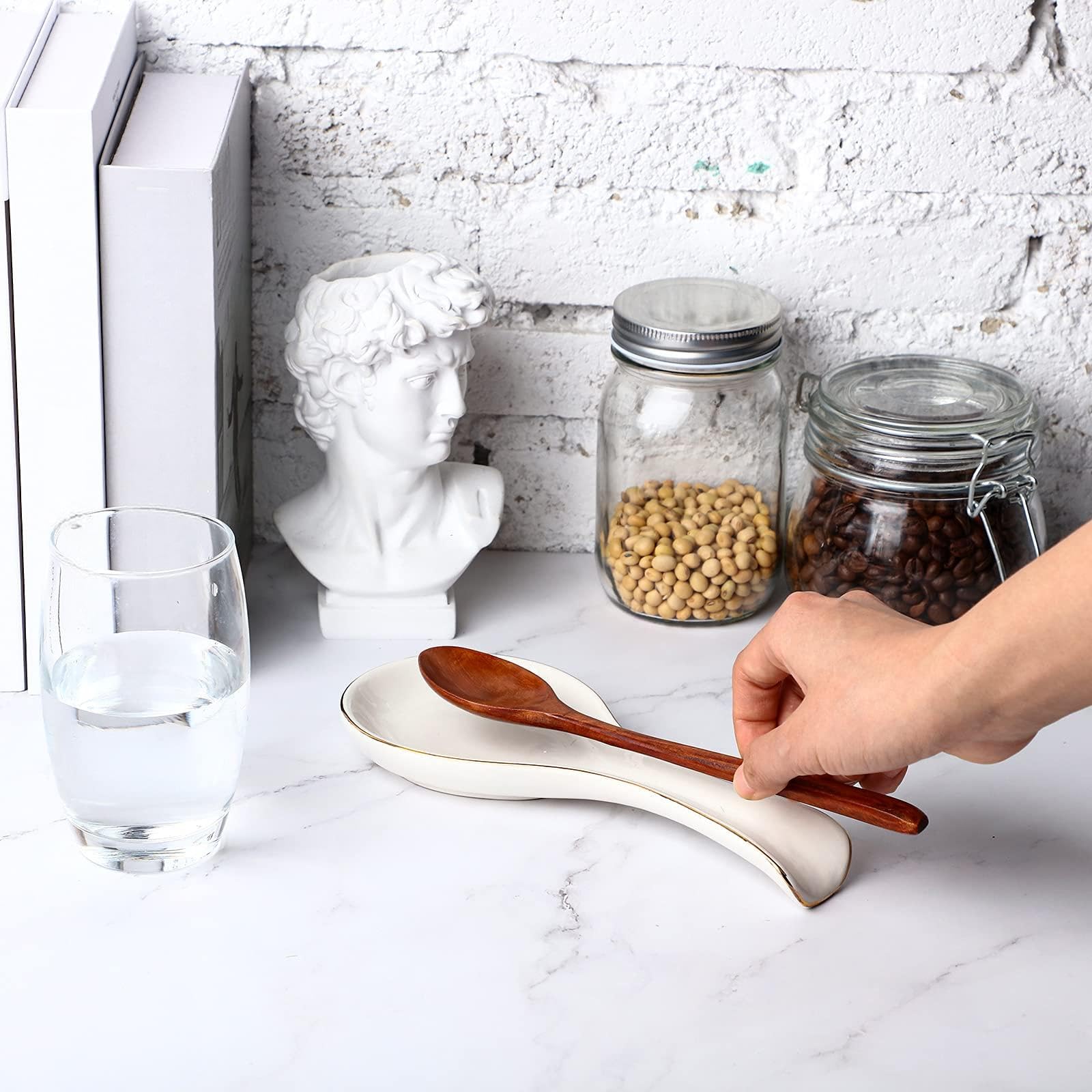 Patelai Ceramic Spoon Rest Spoon Holder Stovetop for Kitchen Stove Coffee Bar Accessories Christmas Gift(White with Gold Brim,Cl