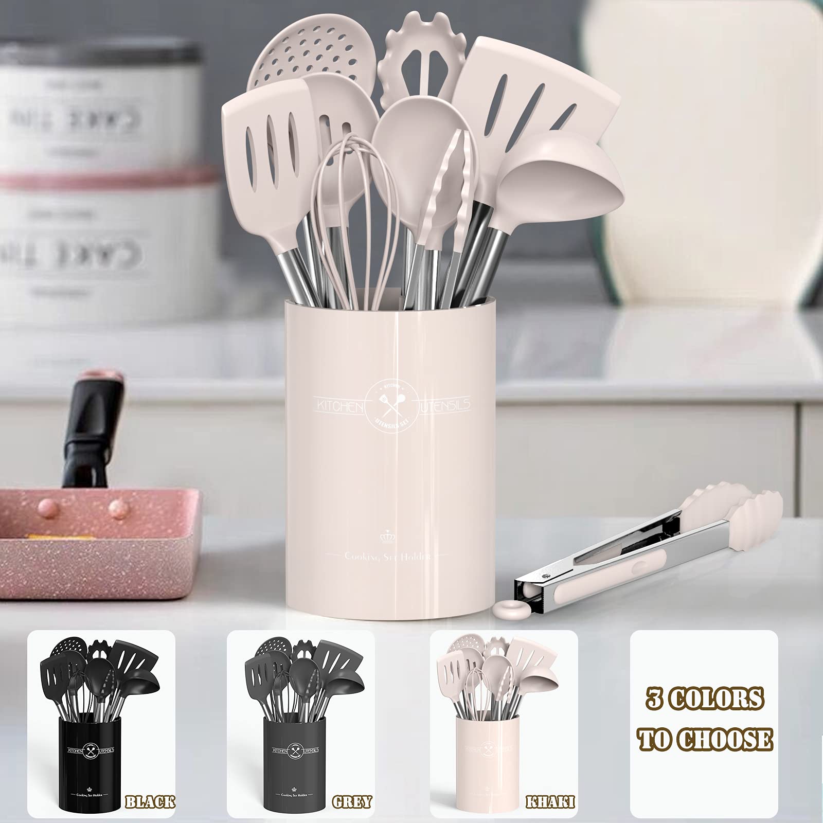 Umite Chef Silicone Kitchen Utensil Set, 43 pcs Non-stick Heat Resistant Spatulas, Small, Khaki, Stainless Steel Handles