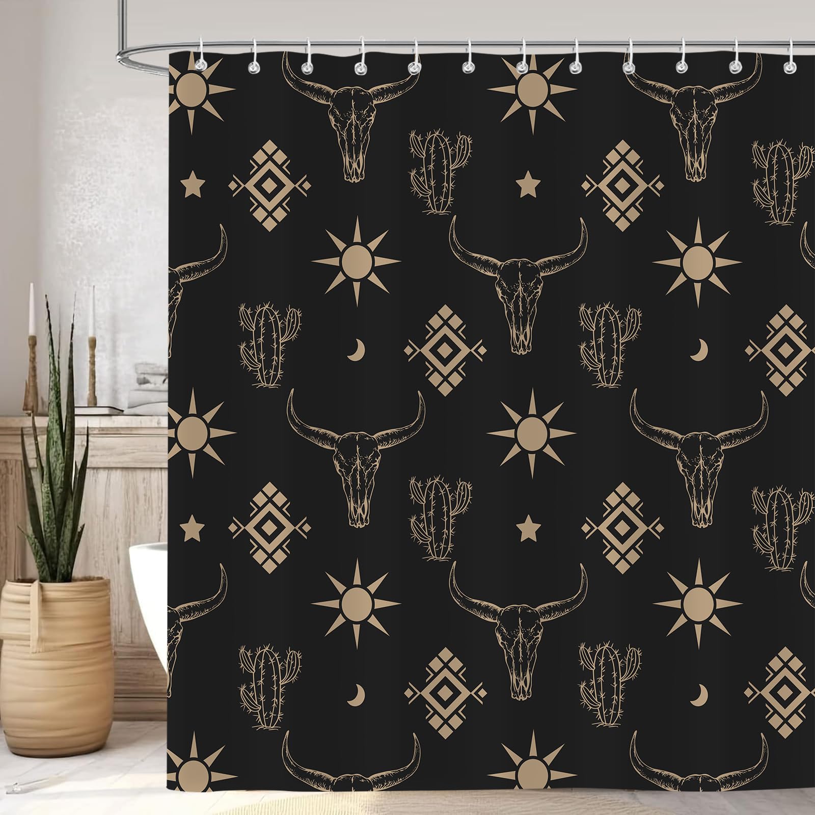 Emwnodti Western Cow Skull Shower Curtain, Black Gold West Shower Curtain Set Cactus Cow Skull Farmhouse Bath Curtain, Polyester