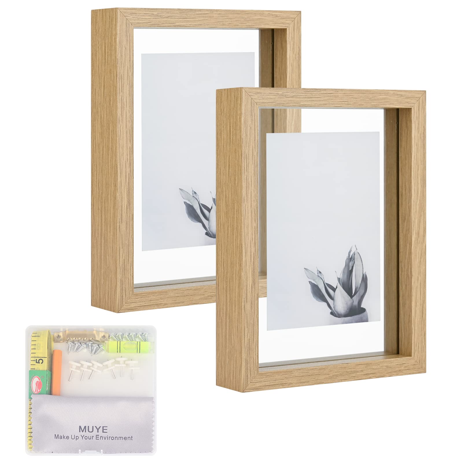 MUYE 5x7 Floating Frame Set of 2,Double Glass Rustic Photo Frame for Wall Hanging or Tabletop Standing,Also Display 4x6 or 3x5 P