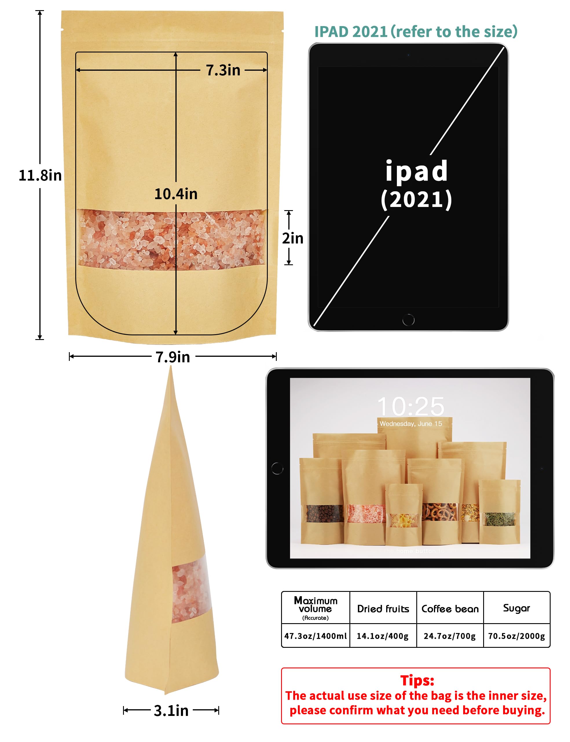 FireKylin 100 Pcs Kraft Paper Bags with Window  7.9'' x 11.8'' Stand Up Pouches Bags  Zip Lock Food Storage Bags for Packaging Products  Reusable  Sealable