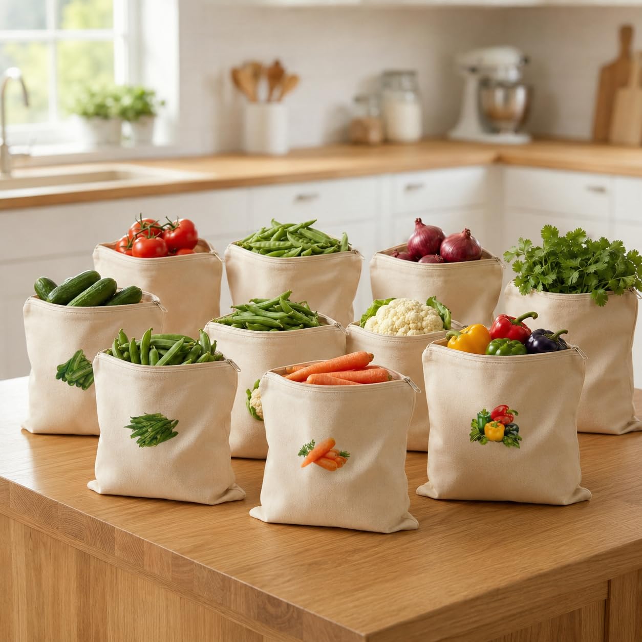 100% Cotton Reusable Vegetable Bags For Fridge | EcoFriendly Storage Bags For Kitchen Organizer | 10 Pcs | Washable Breathable 