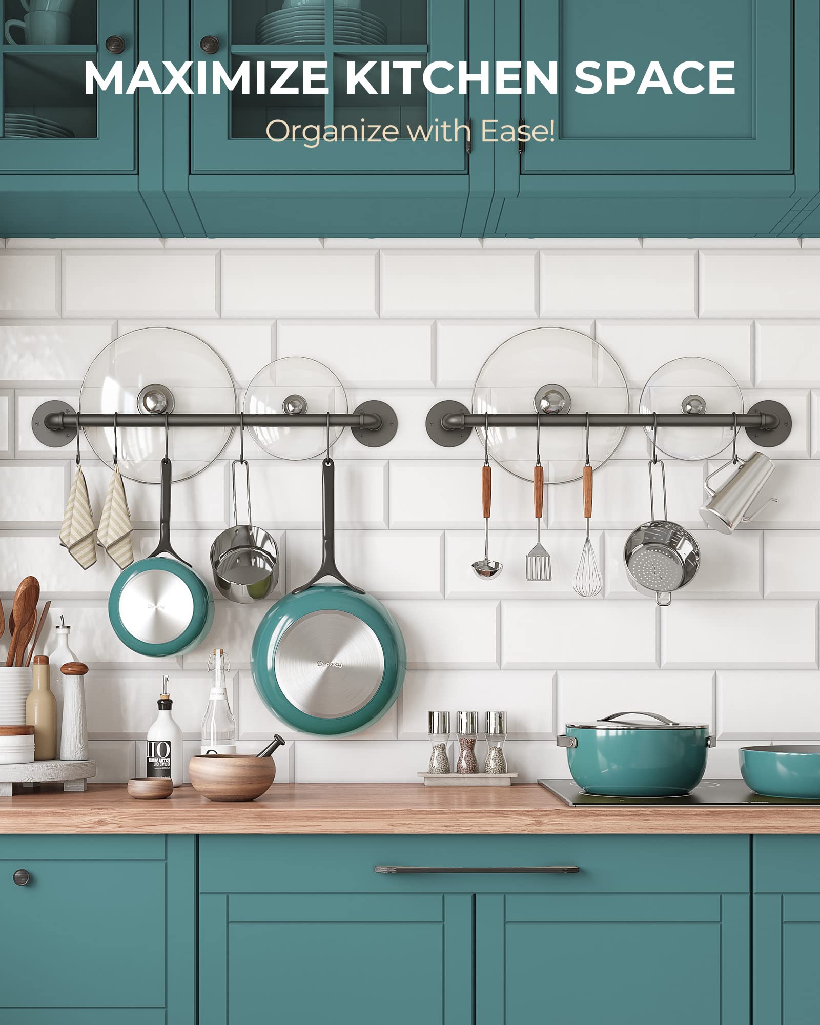 Oropy Wall Mounted Pot Pan Rack 21'' Set Of 2, Industrial Utensils Wall Hanger Iron Pipe Kitchen Hanging Rail With 10 S Hooks