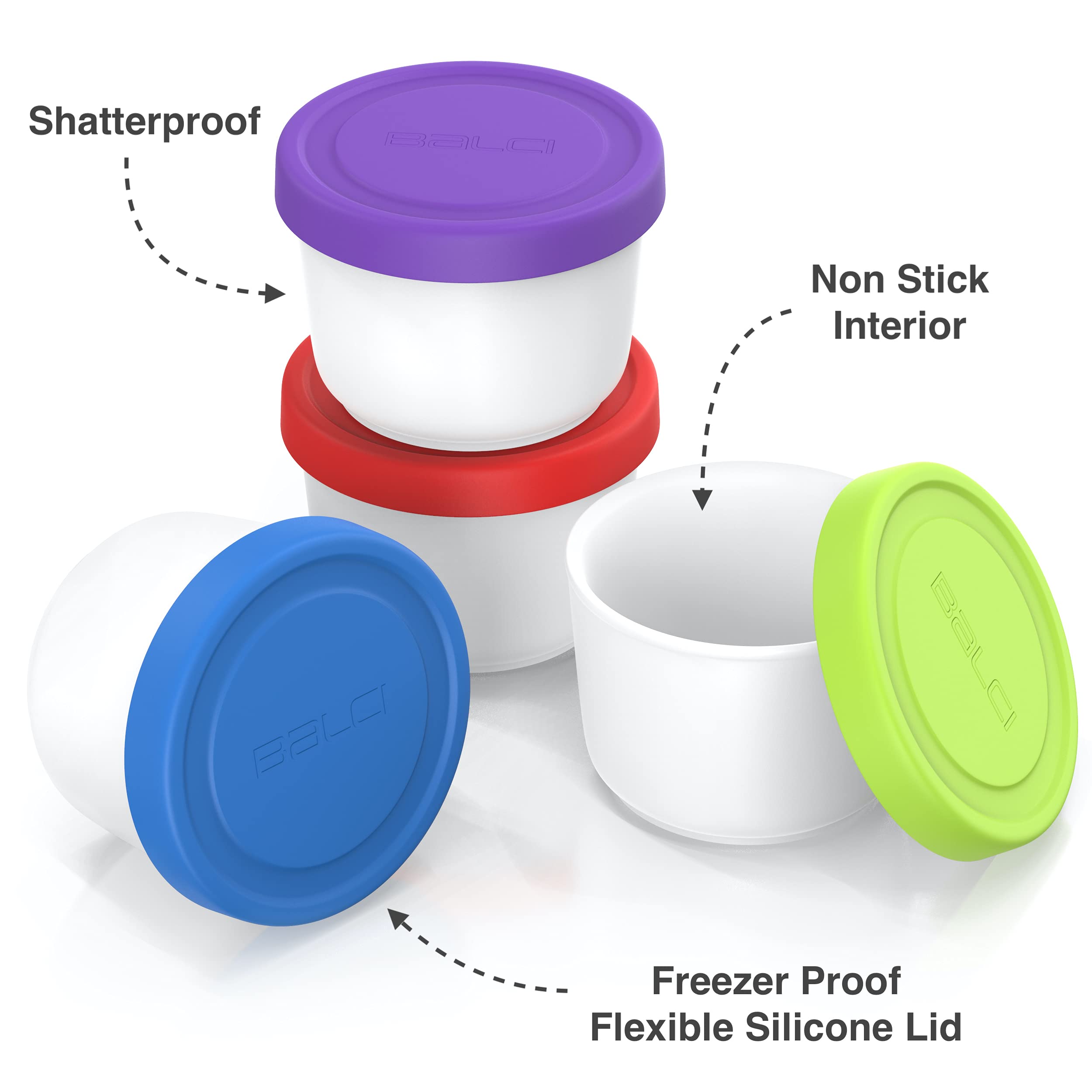 Balci - 8Oz Mini Ice Cream Containers With Silicone Lids (Set Of 4) - Freezer Food Storage Containers, Reusable, Leakproof, For