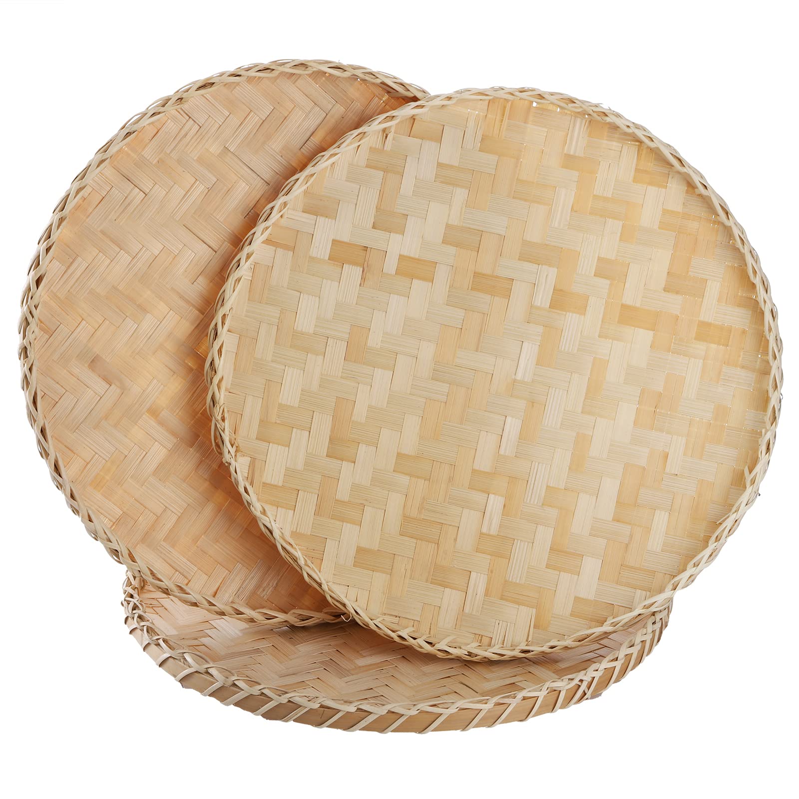 Suwimut 3 Pieces Handmade Bamboo Woven Basket Tray, 13 Inch Flat Wicker Round Fruit Basket Woven Food Storage Shallow Tray Decor