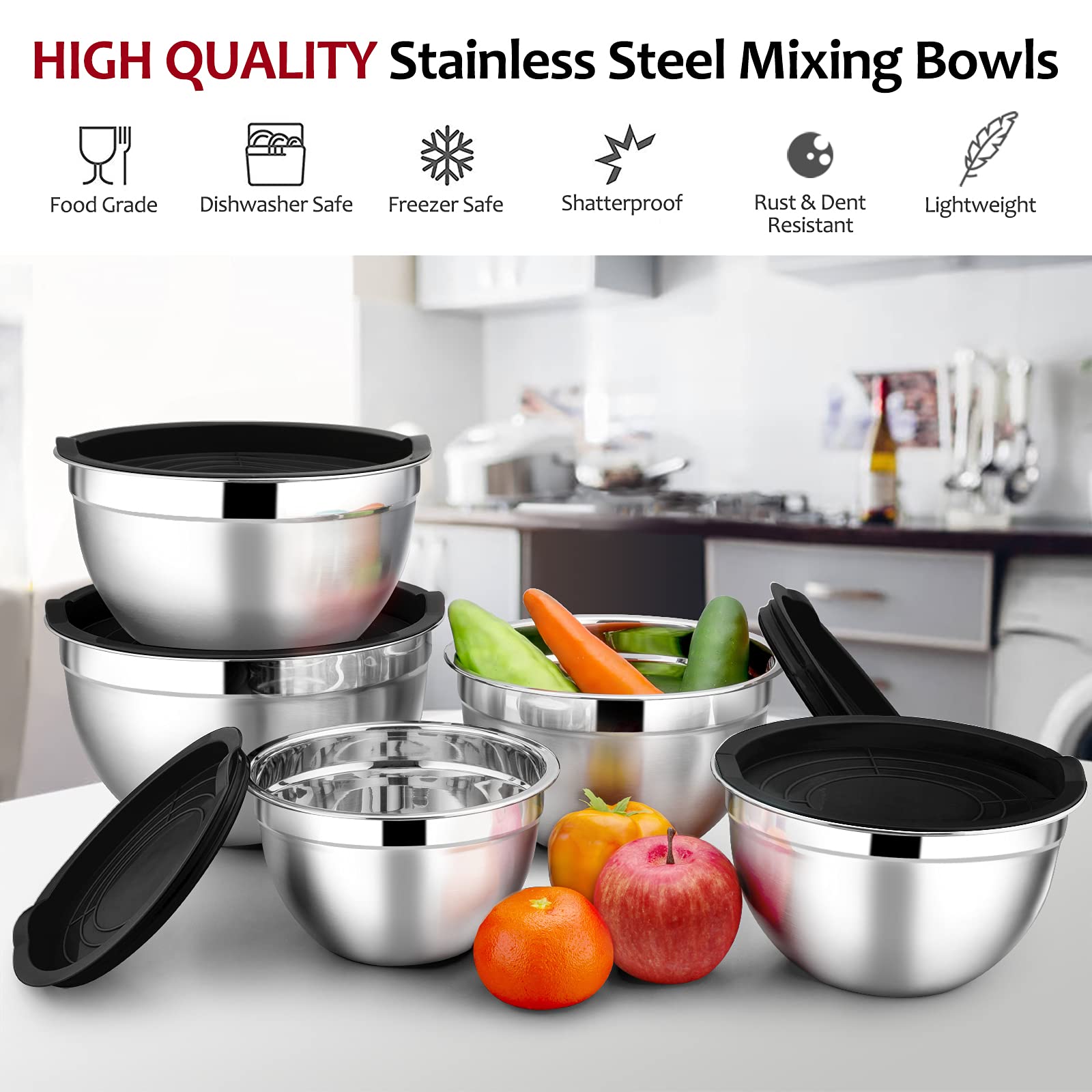 E-far Stainless Steel Mixing Bowls Set of 5 with Airtight Lids, Black, Sizes 0.7QT to 4.6QT, Dishwasher Safe