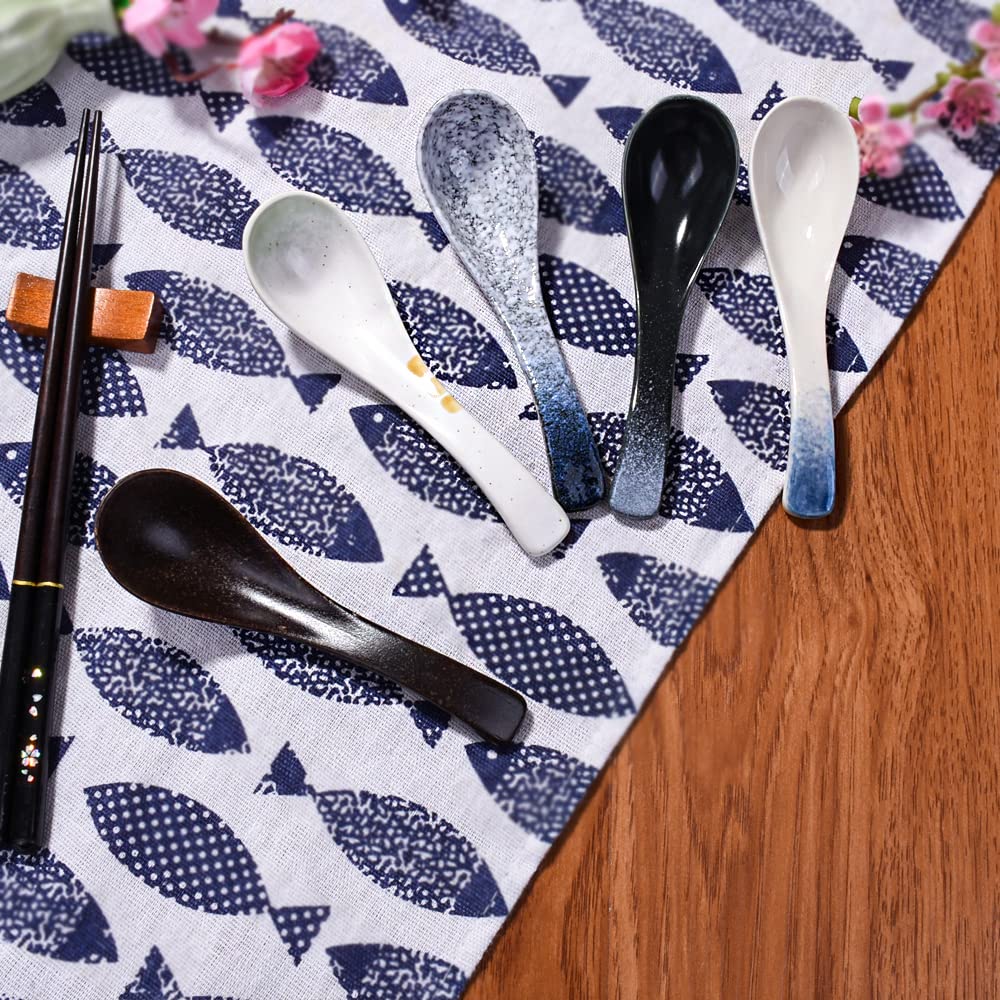 Whitenesser Japanese Soup Spoons Set Of 5 Asian Porcelain Soup Spoon For Ramen Wonton Pho Dumpling Dishwasher Safe