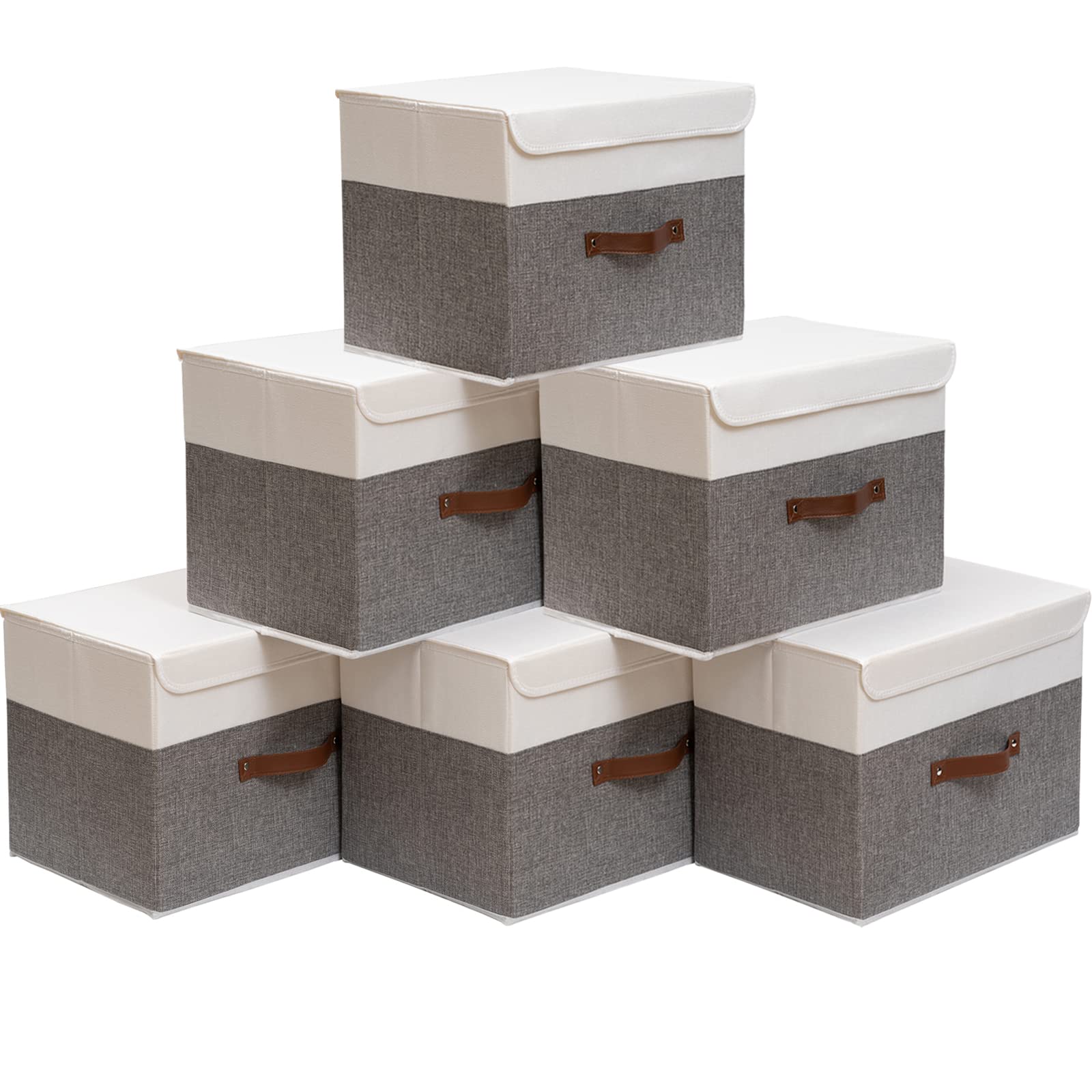 Outbros Large Wardrobe Storage Organiser, Linen Fabric Bins With Lid, Box For Towels, Clothes, 13 X 9.1 X 7.9 Inch, White/Grey,6