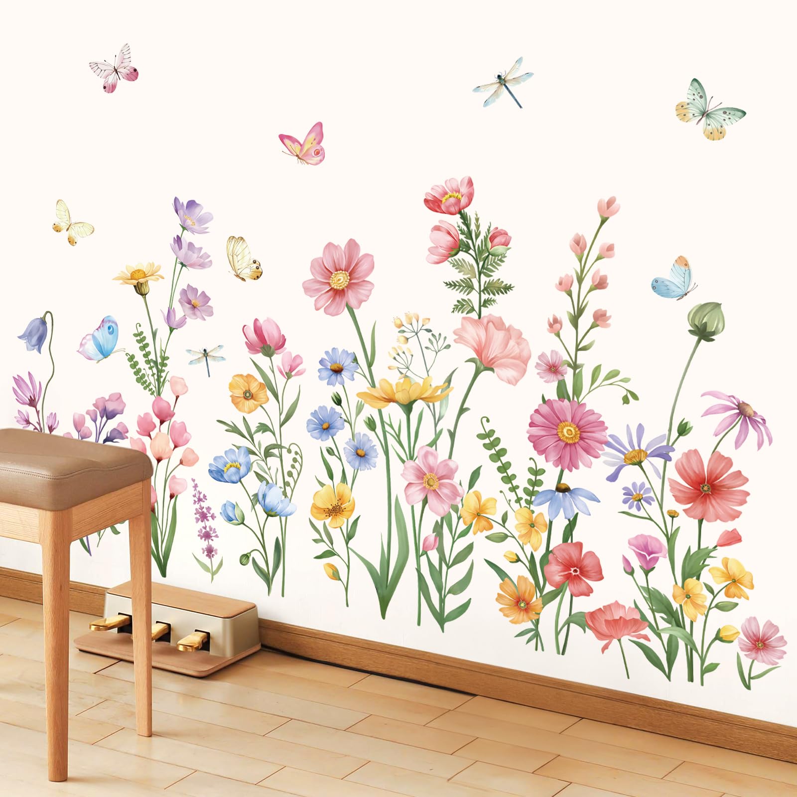 Wondever Pink Wildflower Wall Stickers Garden Flower Daisy Butterflies Floral Botanical Wall Art Decals For Bedroom Living Room