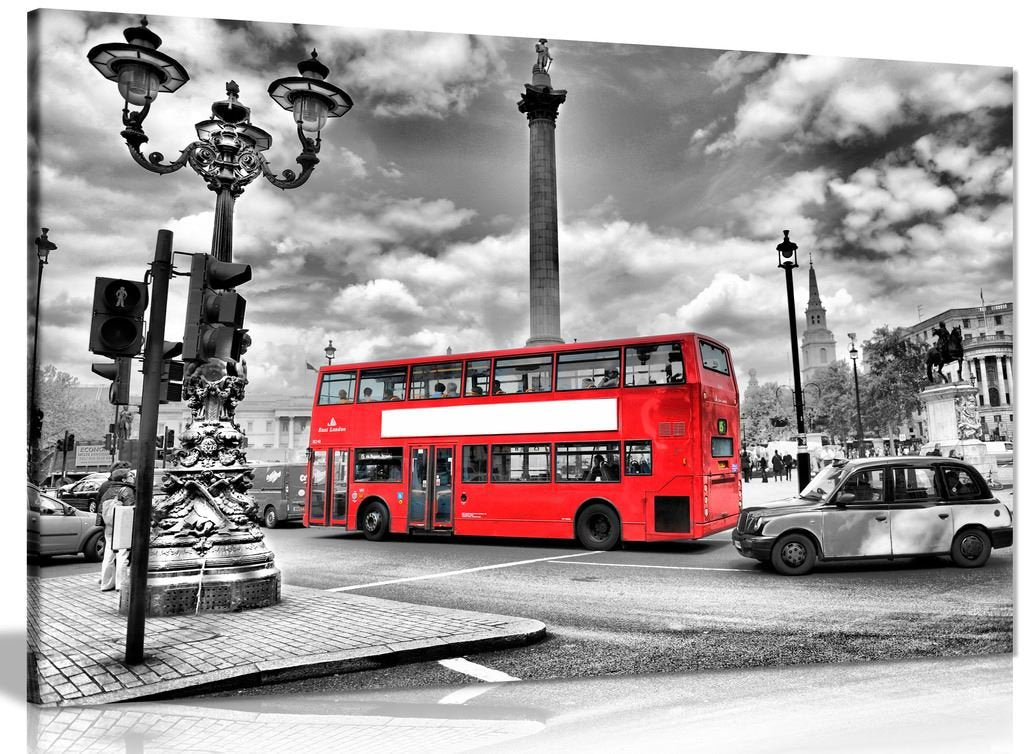 London Canvas Print Black & White Red Bus Canvas Wall Art Picture Print (18X12In)