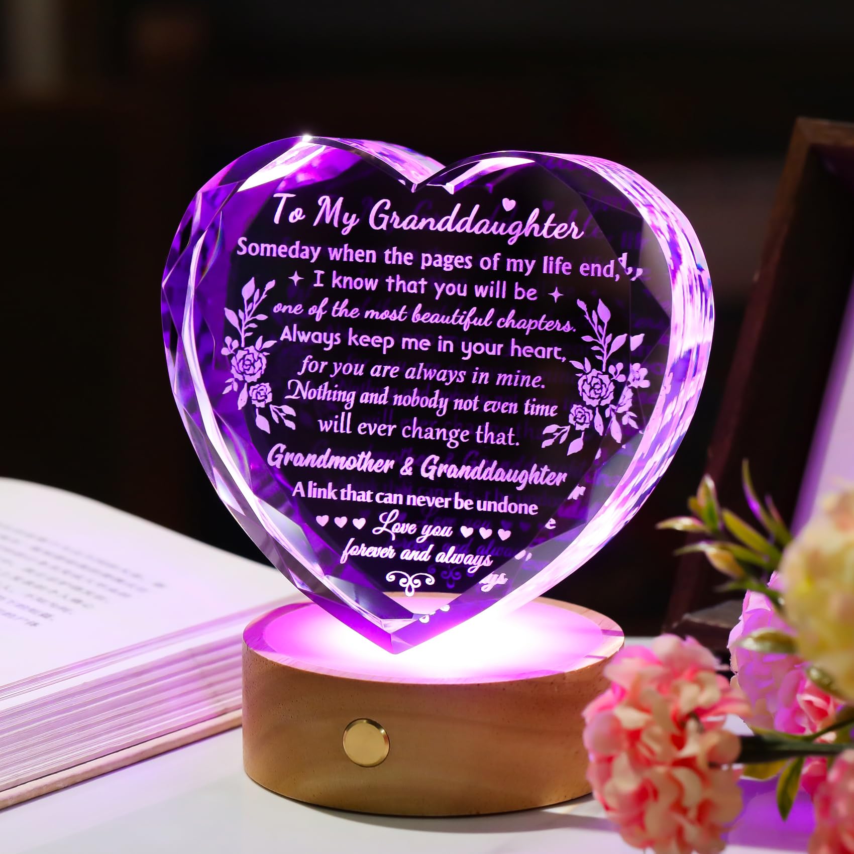 YWHL Granddaughter Gifts from Grandma, Birthday Gifts for Granddaughter, Crystal Heart Keepsake with Colorful Base, Graduation W