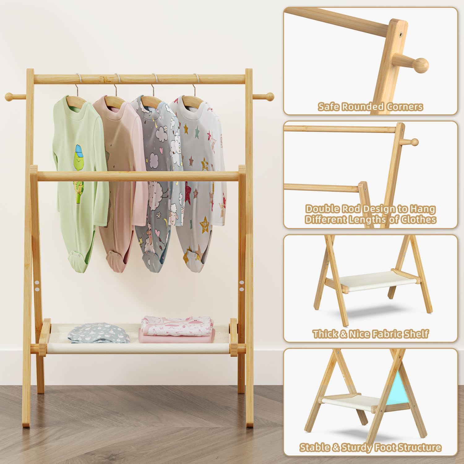 Bamboohomie Baby Clothing Rack For Baby Shower Pets Dolls, Baby Clothes Rack With Storage Shelf & Double Rods, Toddler Clothes R