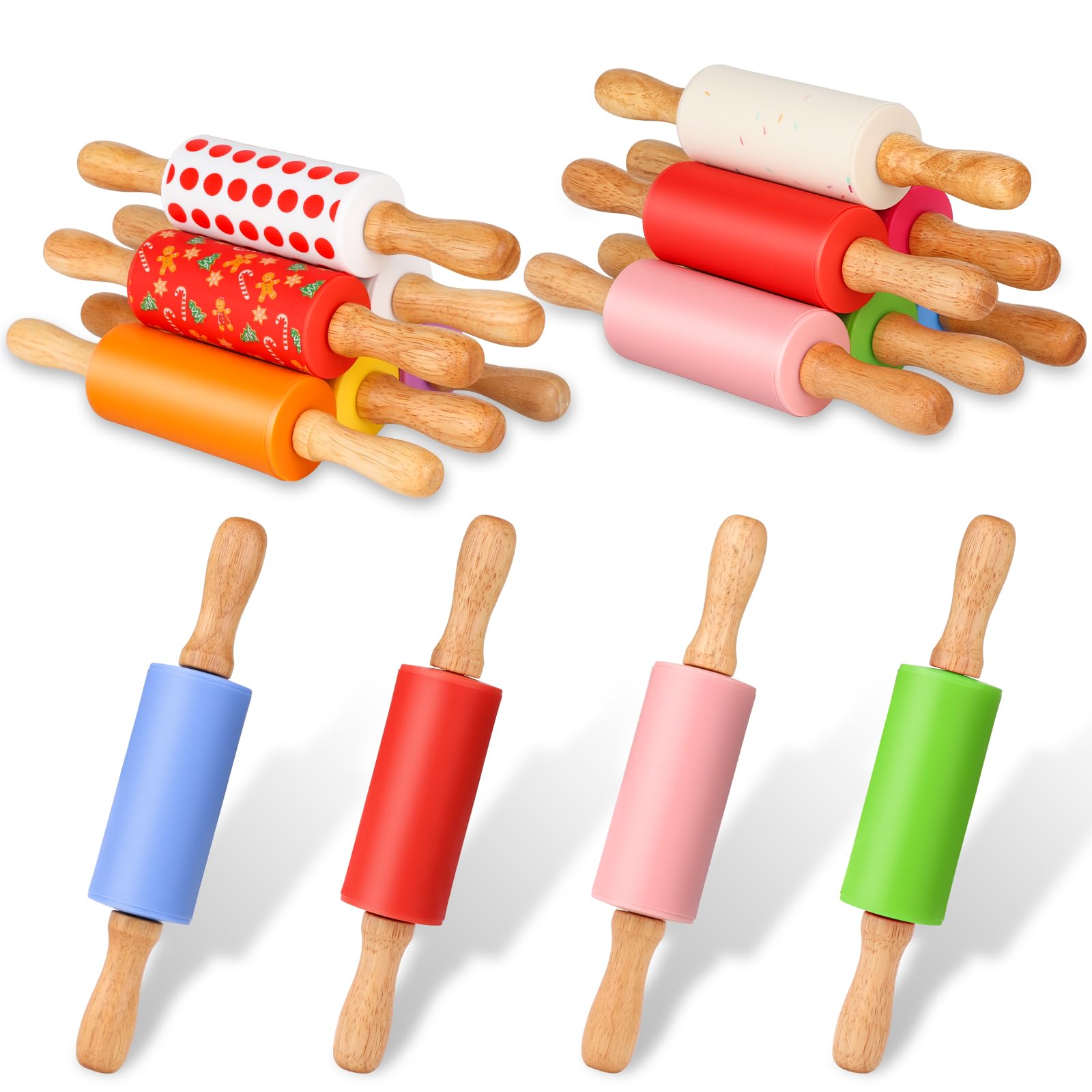Honglida Mini Silicone Rolling Pin for Kids, Non-stick Surface Wood Handle, 9 Inch 16 Pack