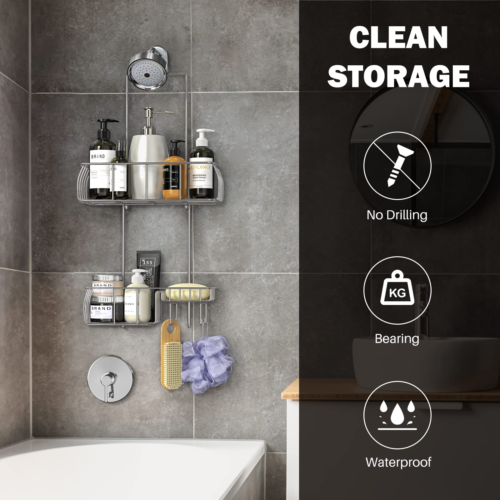 Epicano Anti-Swing Hanging Shower Caddy Stainless Steel 304, Over Head Shower Caddy Rustproof With Hooks For Towels, Sponge And
