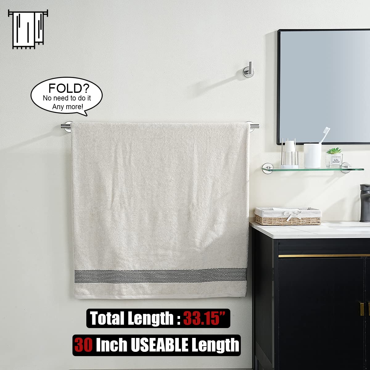 JQK Bath Towel Bar  30 Inch 304 Stainless Steel Thicken 0.8mm Single Towel Rack for Bathroom  Towel Holder (Brushed Finished) Wall Mount  32.91 in Total Length  TB110L30-BN