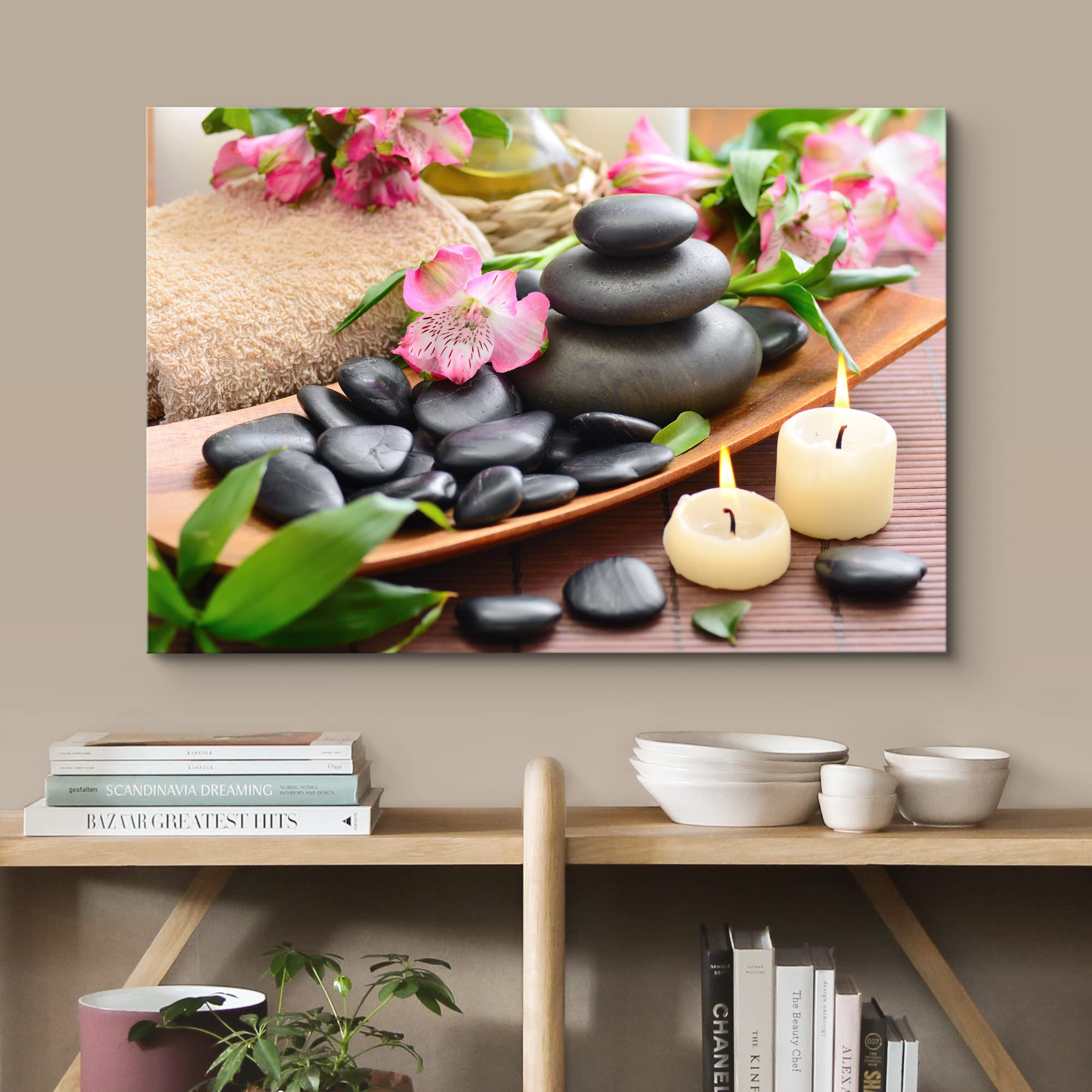 Wall26 Canvas Print Wall Art Relaxing Zen Orchid Flowers Massage Stone Candles Nature Wilderness Photography Realism Rustic Land