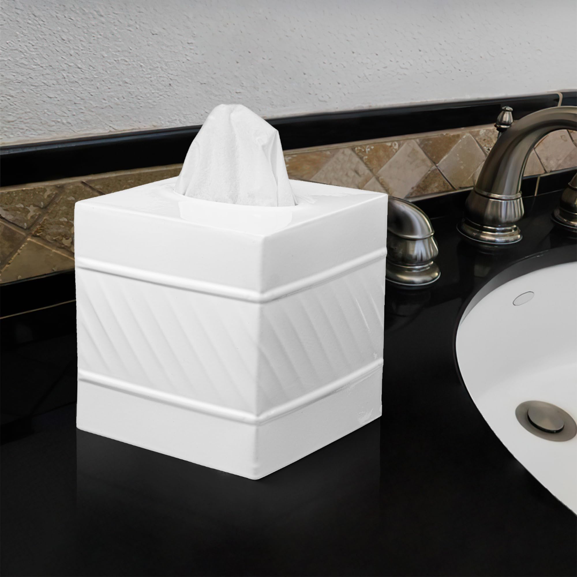 Monarch Abode 39027 Handcrafted Tissue Box Square Cover Holder And Dispenser, Wave Embossed, Metal Dresser Accessories For Offic