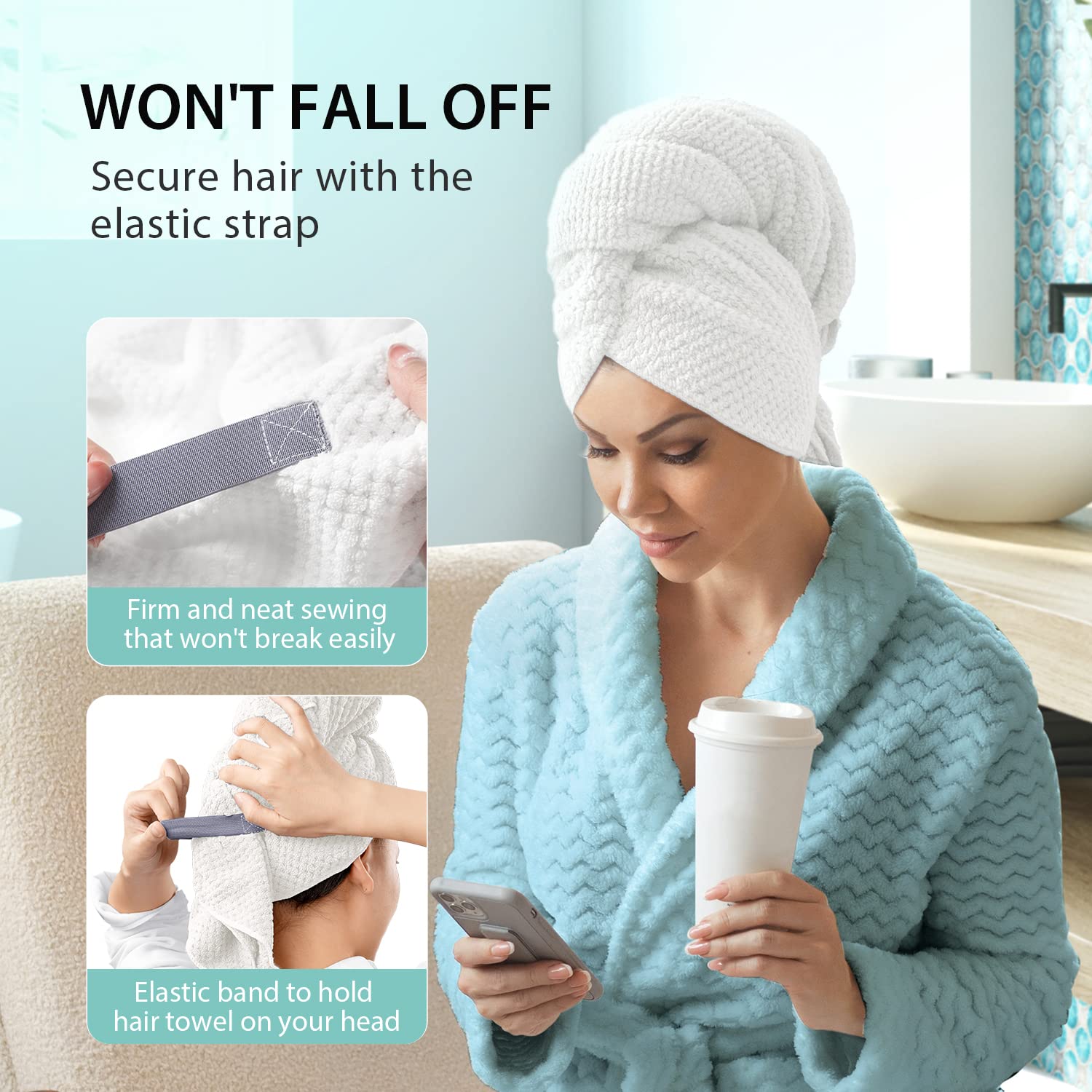 YFONG X-Large Microfiber Hair Towel Wrap for Women, Soft Hair Drying Towel with Elastic Band, Fast Drying Hair Turbans for Wet C