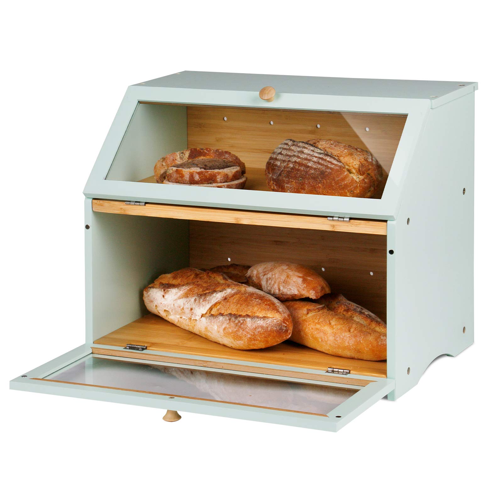 Homekoko Double Layer Large Bread Box For Kitchen Counter, Wooden Large Capacity Bread Storage Bin (Mint Green)