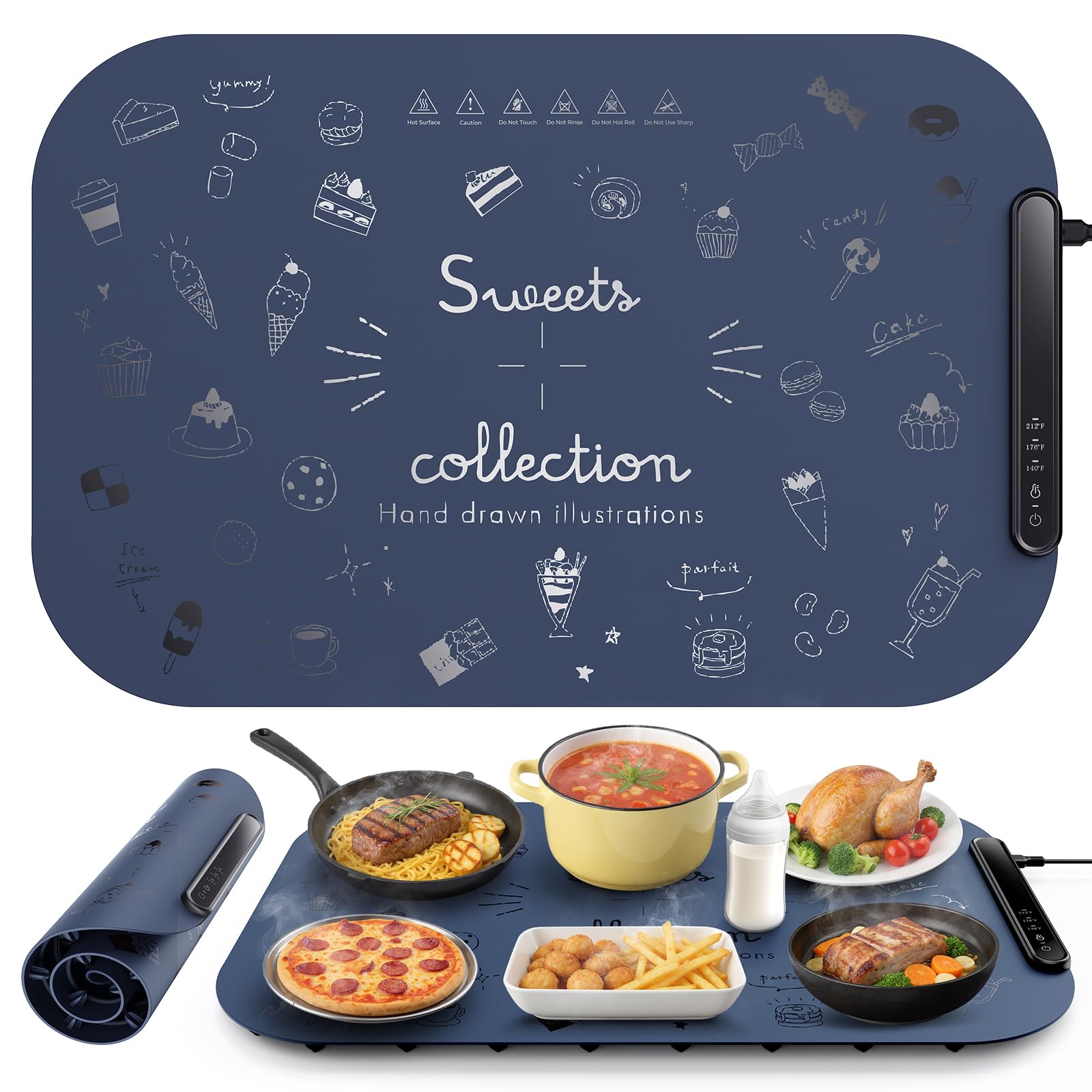 Warming Mat for Food, Electric Food Warming Mat Chafing Dishes with 3 Heat Settings Exquisite Patterns, Easy Clean & Storage Rol