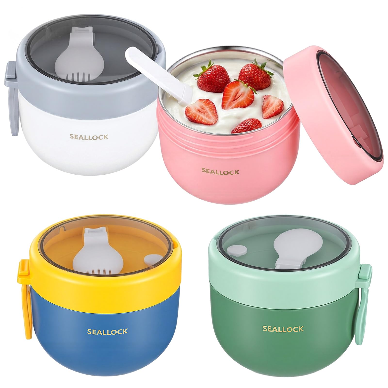 4pcs Overnight Oat Containers with Lids and Spoons, Reusable Plastic 20oz