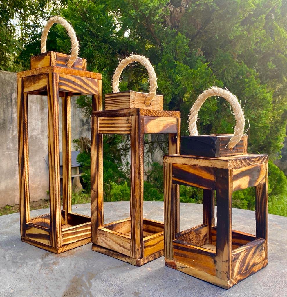 Farmhouse Wooden Candle Lanterns Decorative Set of 3, Rustic Hanging Wedding Lantern Candle Holder for Table Centerpiece Firepla