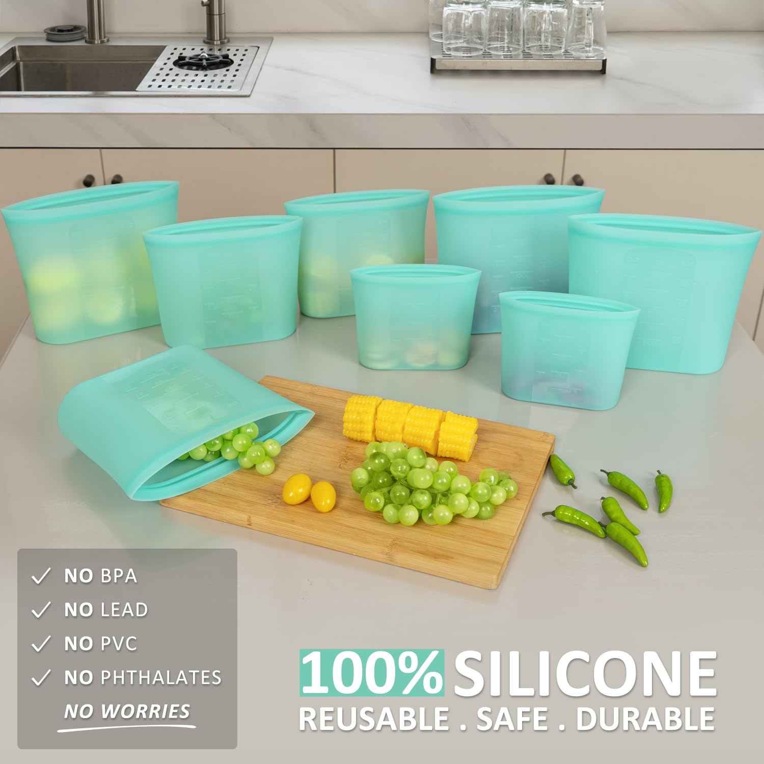 Annaklin Reusable Food Bags, 8 Pack 100% Silicone Food Storage Bags Stand Up Zip Silicone Bags For Food Container, Freezer Micro