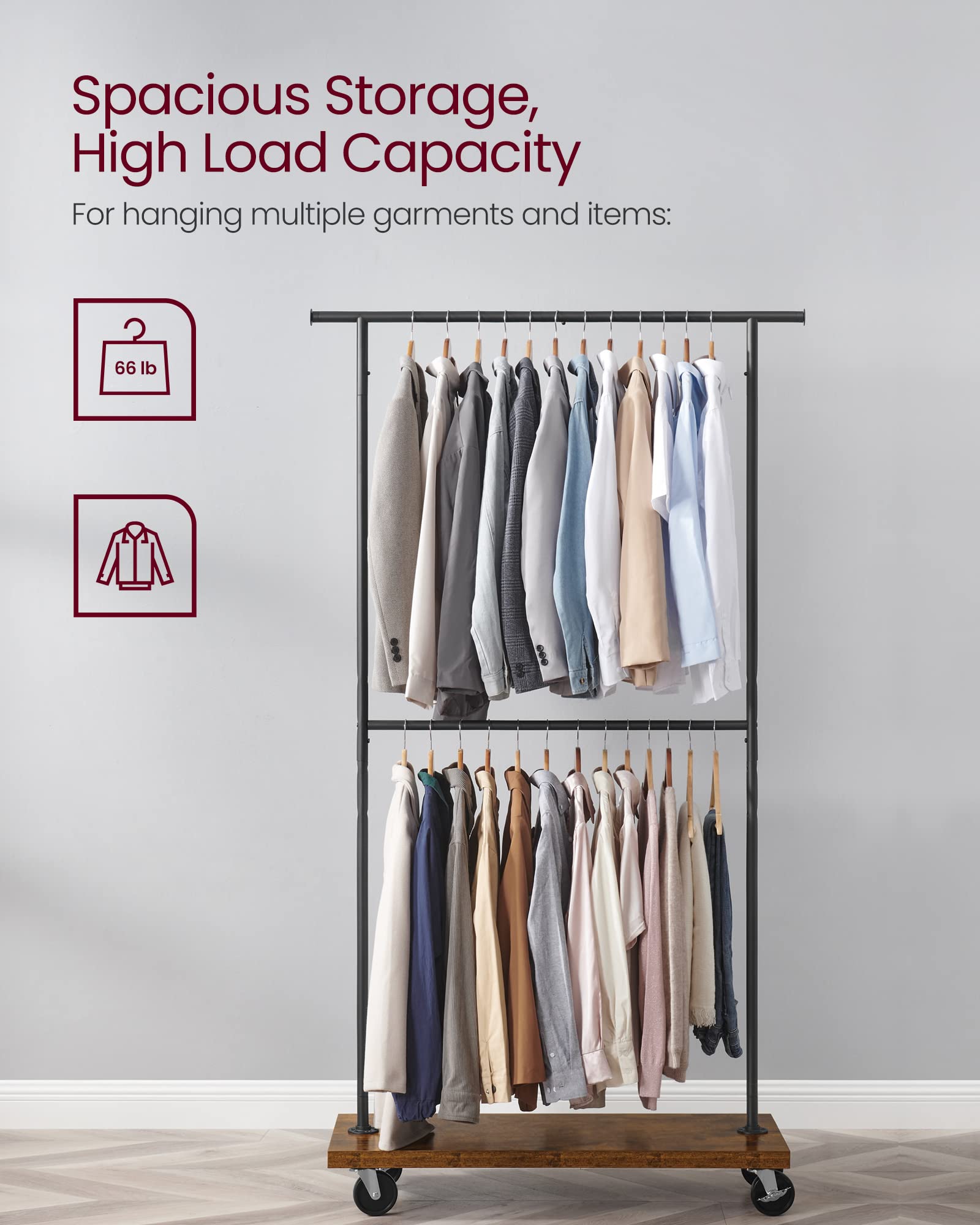 Vasagle Clothes Rack, Clothing Rack With Wheels, 43.3-66.9 Inch Extendable Bar, Height-Adjustable Garment Rack, 332 Lb Load, 2 B