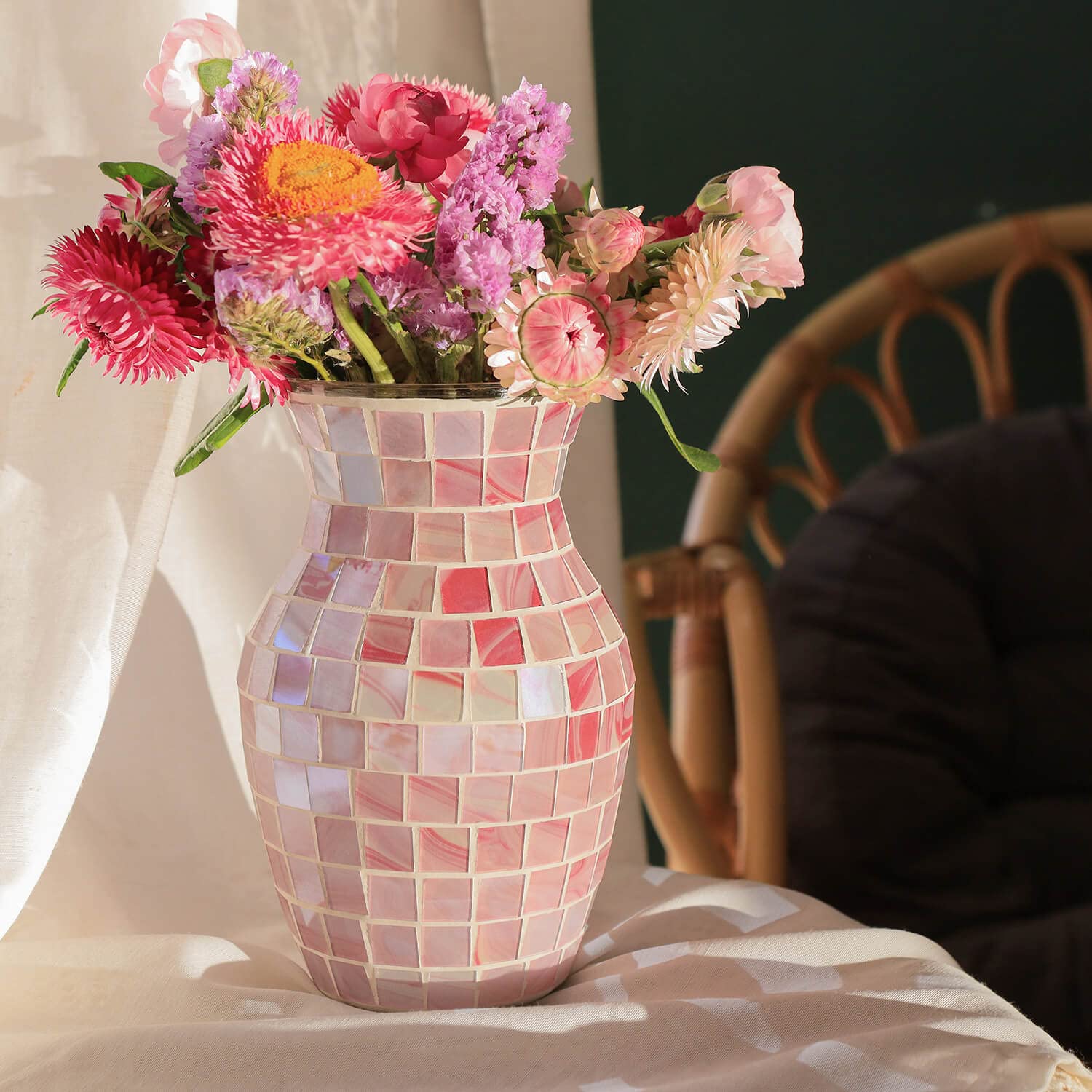 Pink Vase for Flowers - Handmade Mosaic Glass Vase for Home Decor