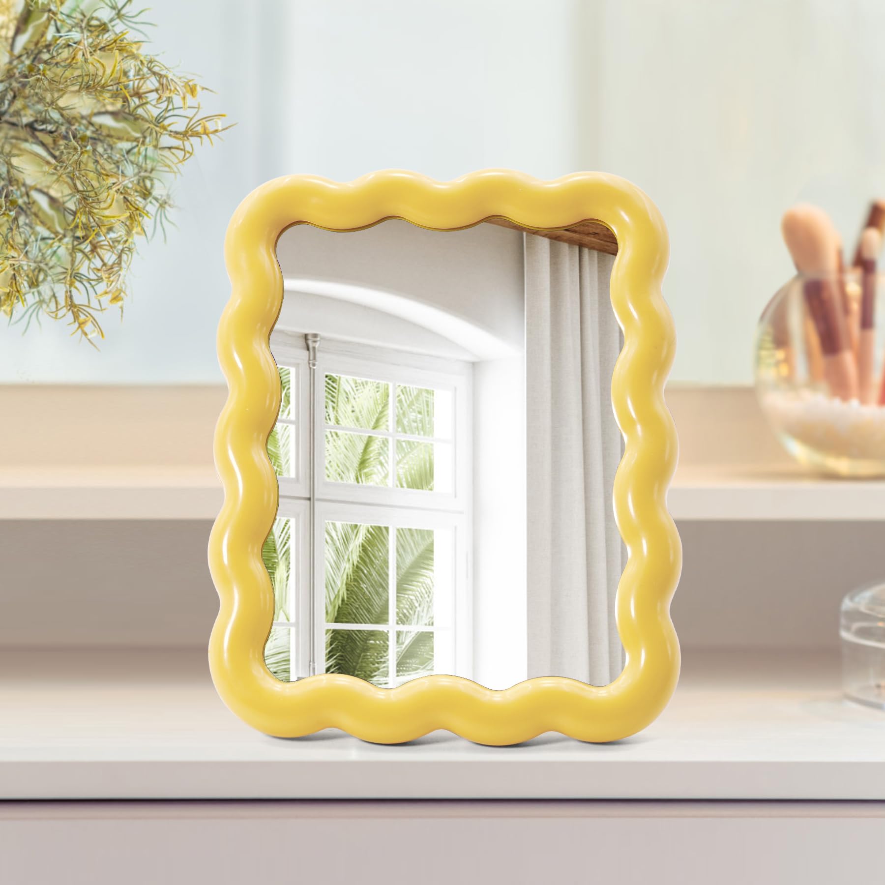 Philbinden Cute Wave-Shaped Desk Vanity Makeup Mirror, Portable Folding Travel Make Up Mirror for Standing/Hanging, Home Decorat