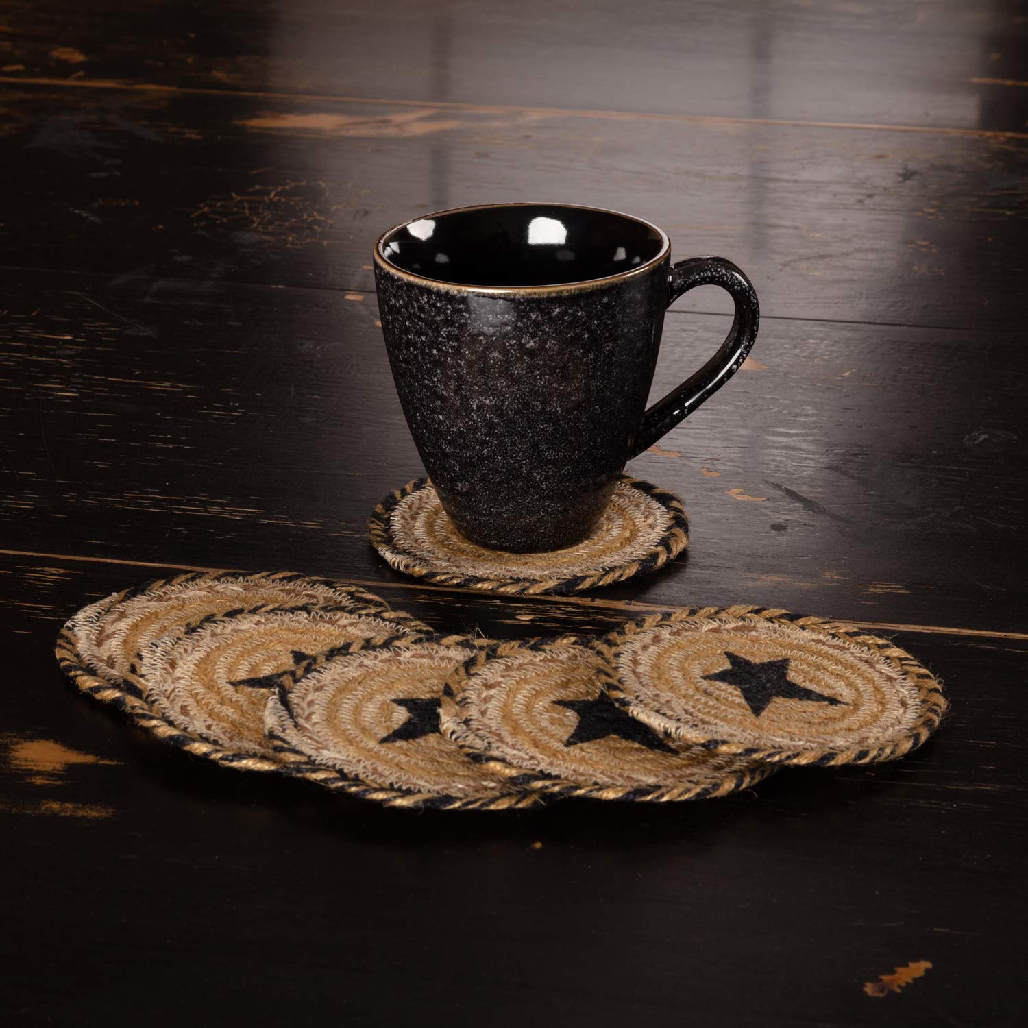 Vhc Brands Kettle Grove Primitive Jute Tan Textured Round Kitchen Coaster Stencil Star Set Of 6 4''