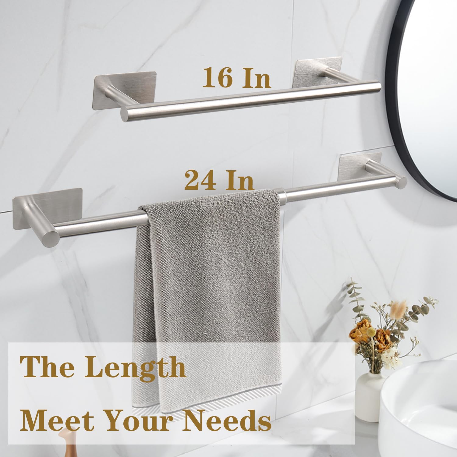 Vanloory Self Adhesive Bath Towel Bar, Stainless Steel Towel Racks For Bathroom Adjustable 16-24In No Drill Towel Holder Stick O