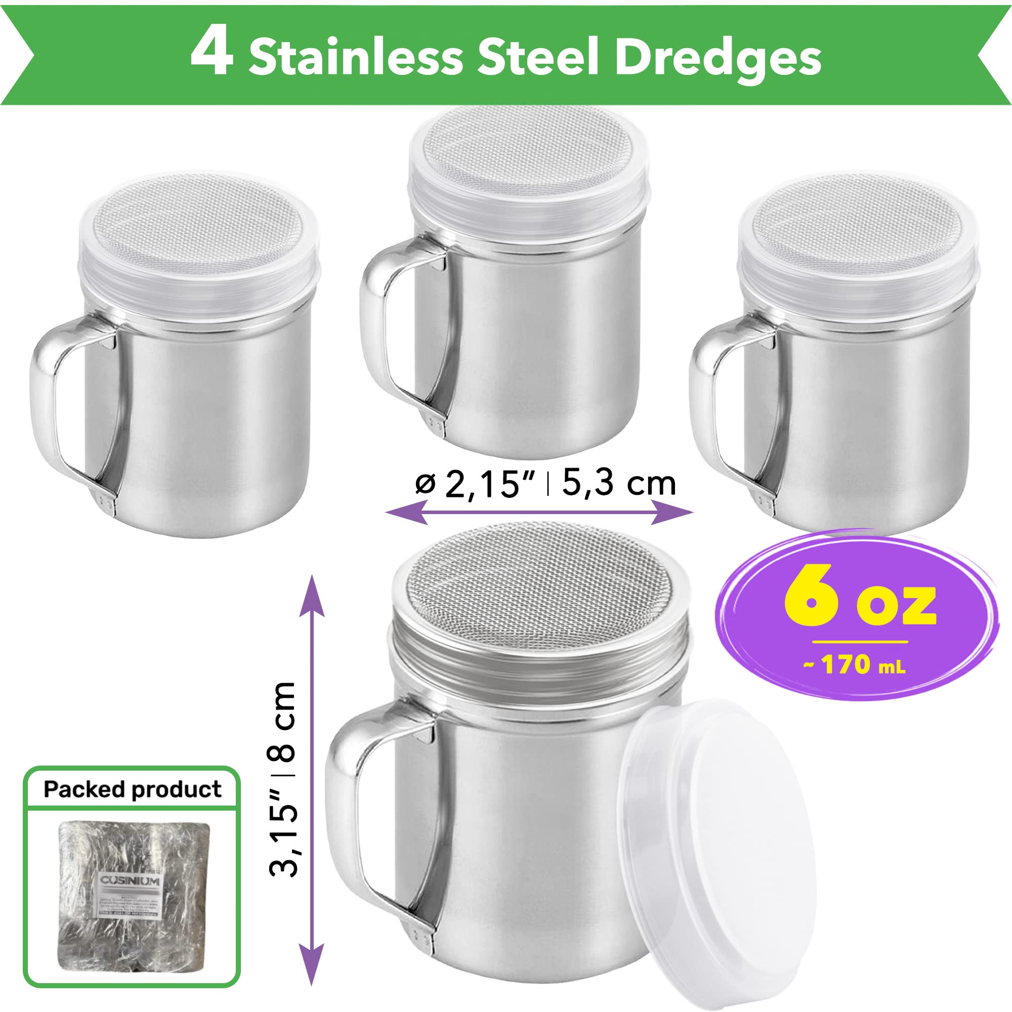 Cusinium 6 Ounce Mini Powder Sugar Shaker With Handle - Fine Mesh - With Plastic Cap - Pack Of 4