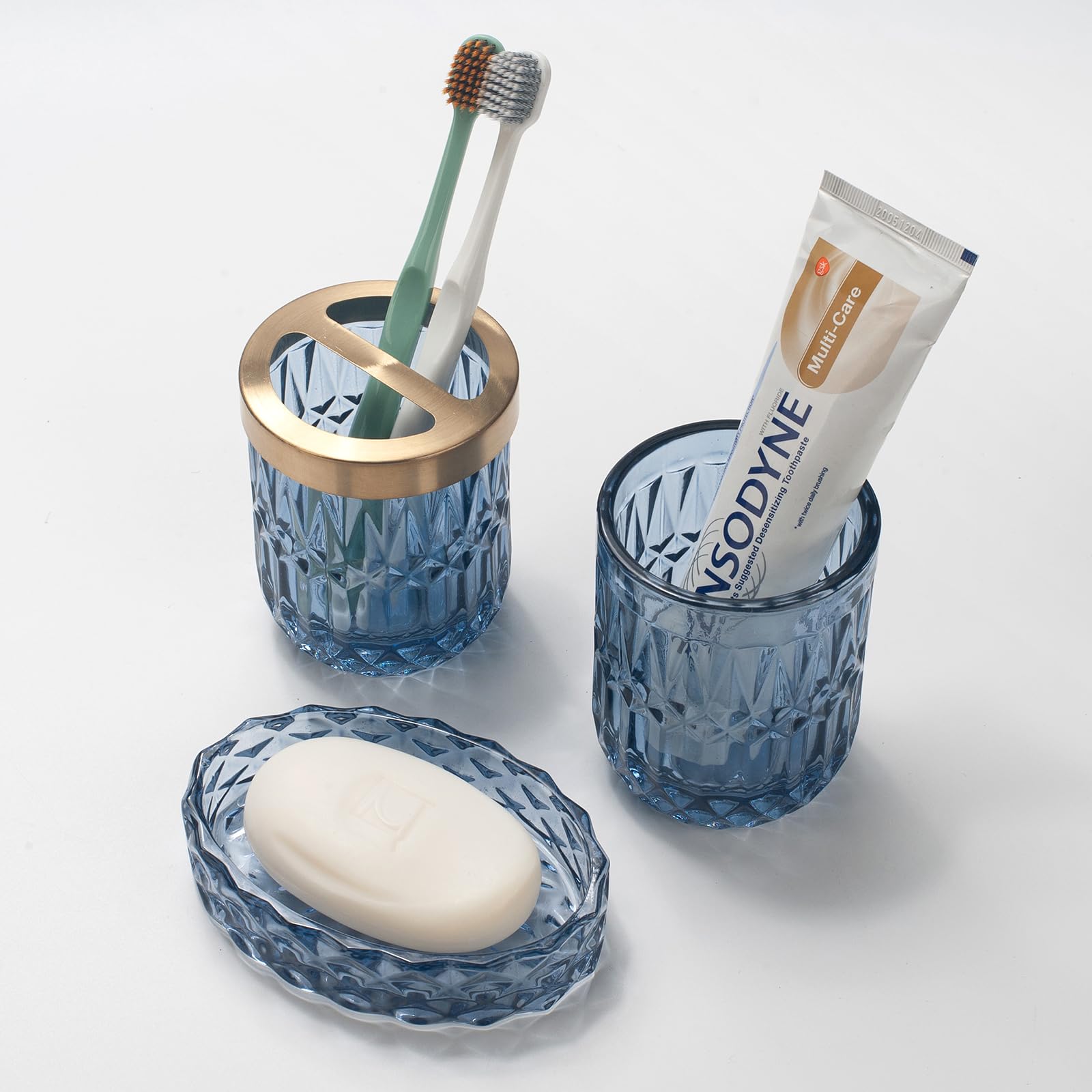 Ivailex 5Pcs Blue Glass Bathroom Accessories Sets Of Lotion Dispenser, Soap Dish, Toothbrush Holder, Tumbler, Cotton Swab Jars,