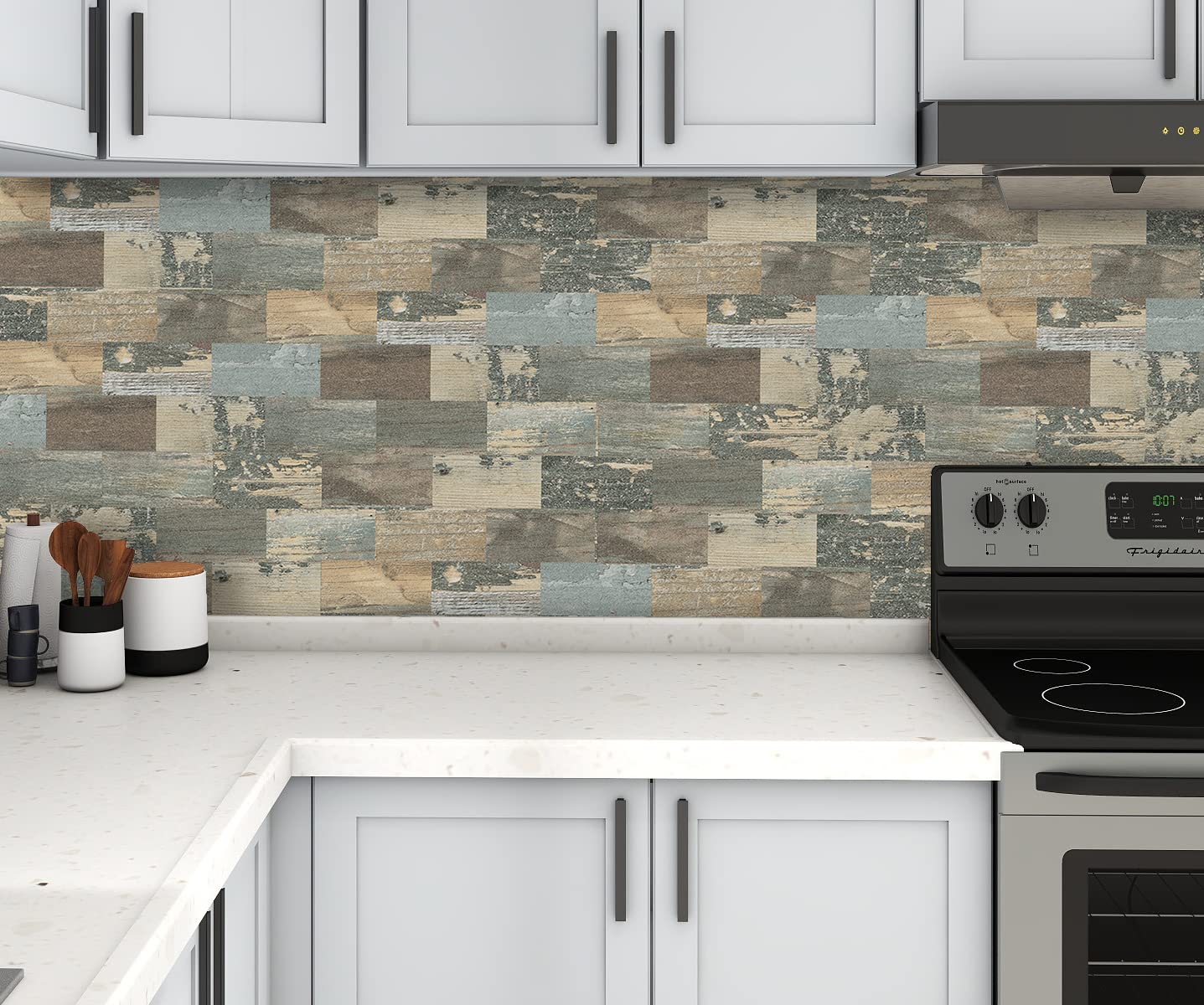 DEWOO 20-Sheet DEWOO Peel and Stick Self Adhesive Wall Tiles Kitchen Backsplash Distressed Wood Look,Vintage Old Fashion (13.5 x