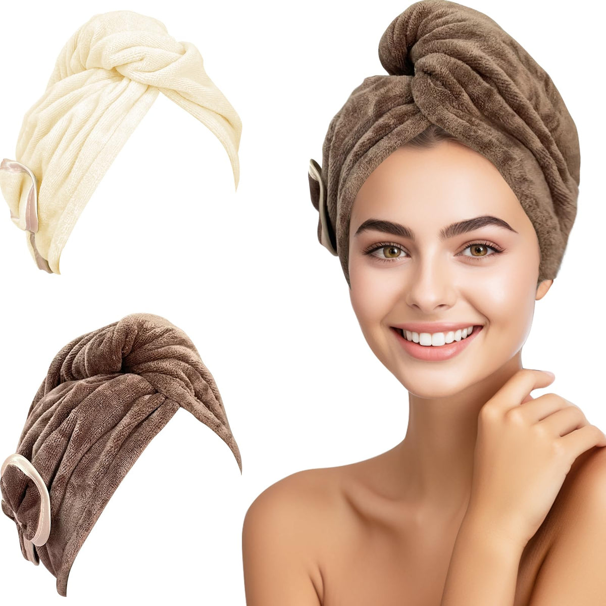 Jseng Microfiber Hair Towel Wrap for Women with Cute Bowtie, 2Packs Fast Drying Hair Towel Hair Turbans for Curly Long Wet Hair