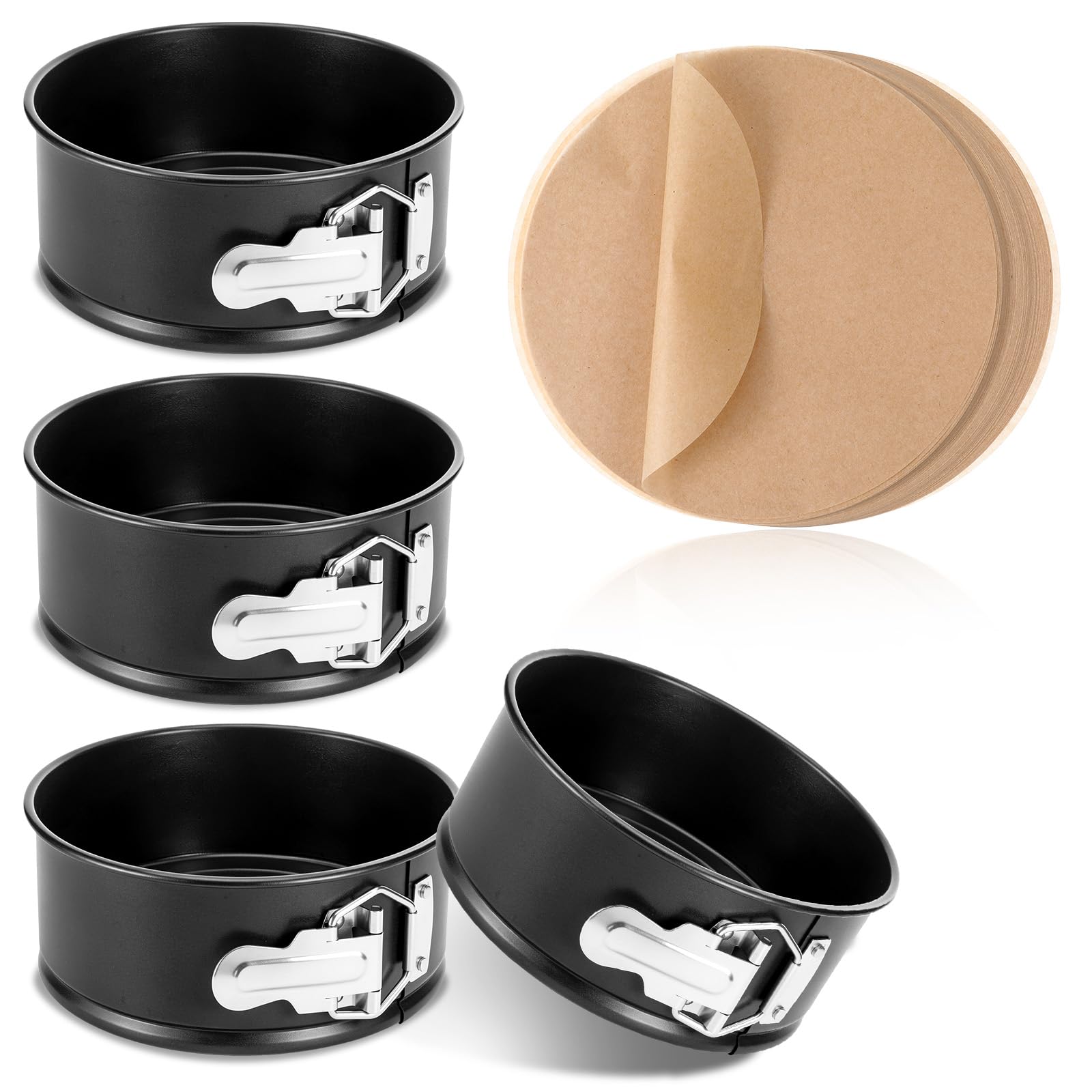 4 Pcs 6 Inch Black Springform Pan with 100 Baking Paper, Removable Bottom Carbon Steel Mini Cheesecake Pans Round Springform Cak